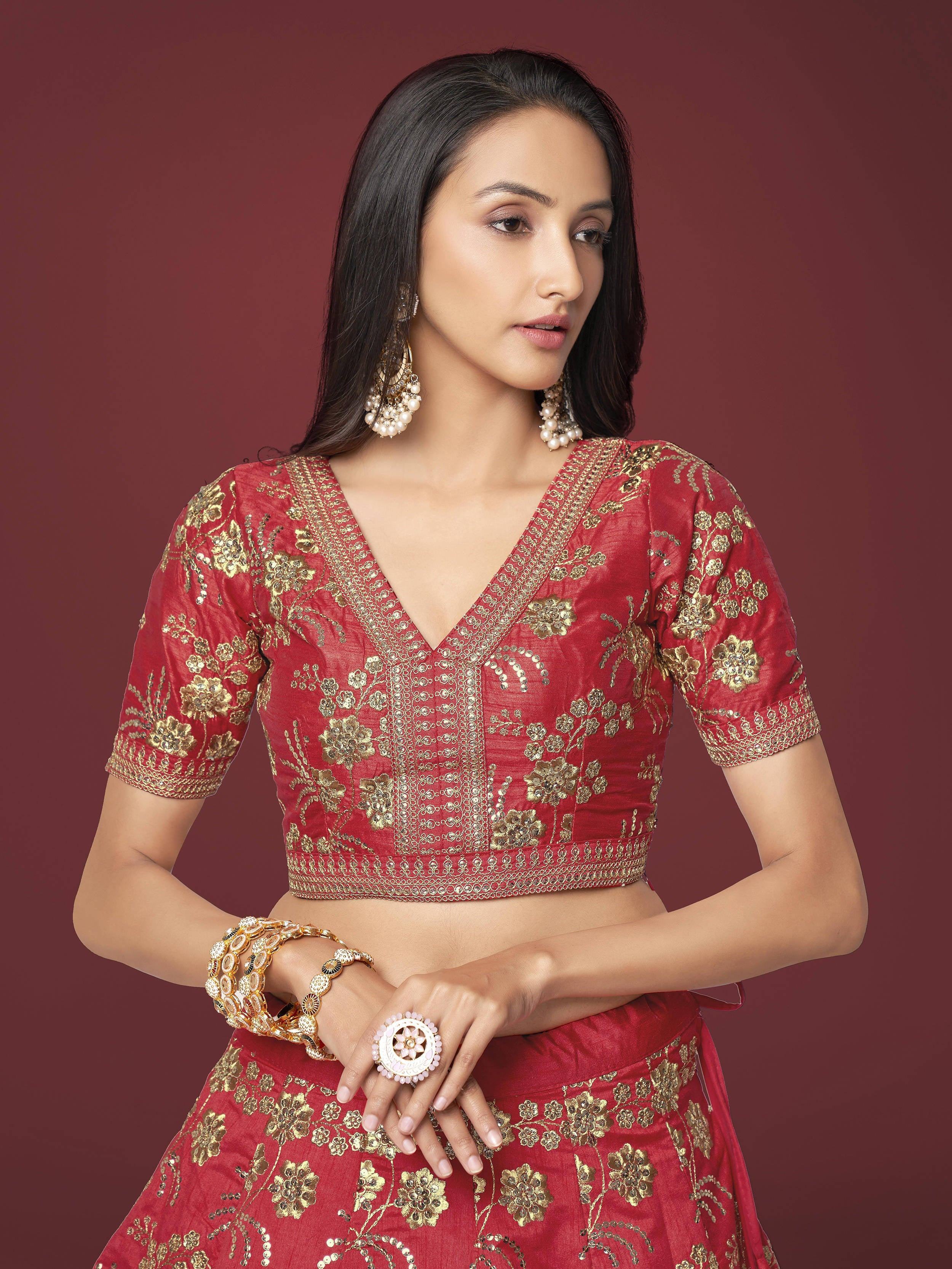 Red Bewitching Zari Work Slub Silk Wedding Wear Lehenga Choli