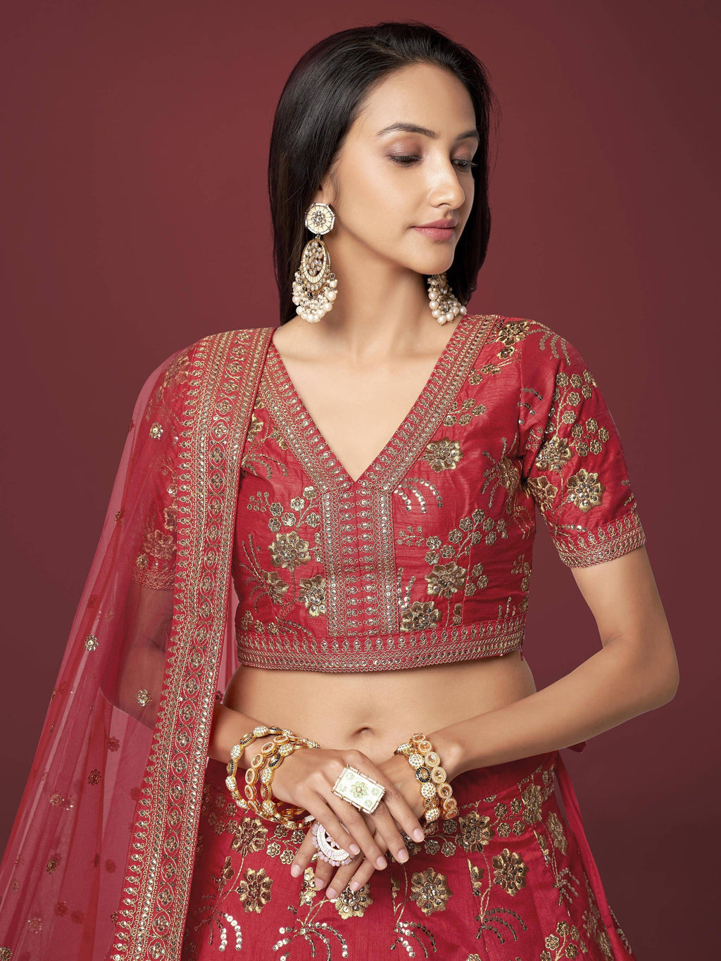Red Bewitching Zari Work Slub Silk Wedding Wear Lehenga Choli