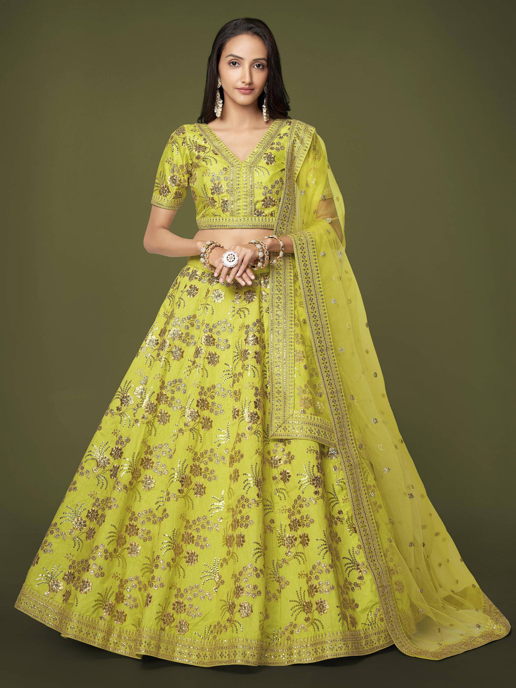 Green Prodigious Neon Sequins Work lehenga Choli With Dupatta