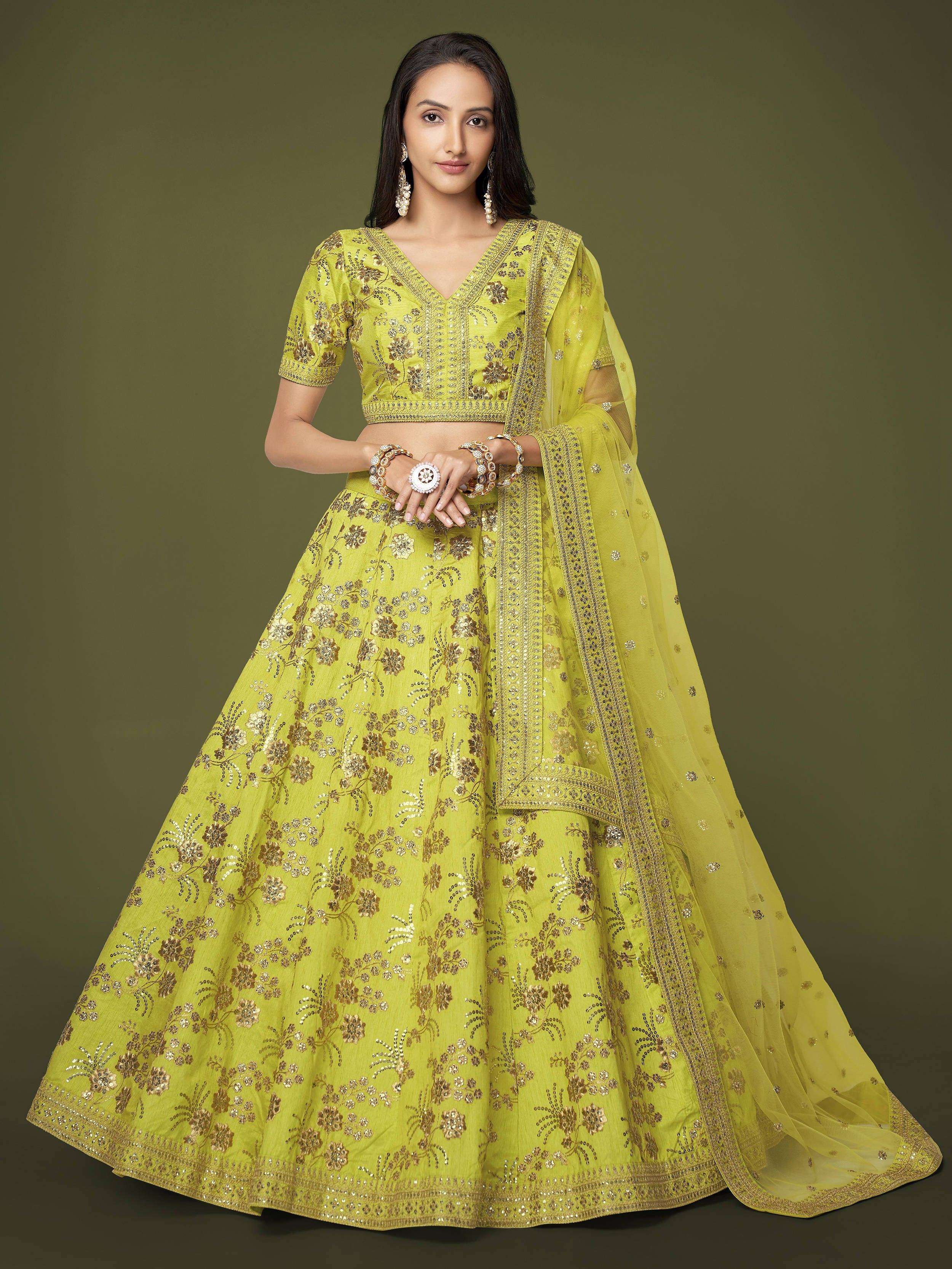Green Prodigious Neon Sequins Work lehenga Choli With Dupatta
