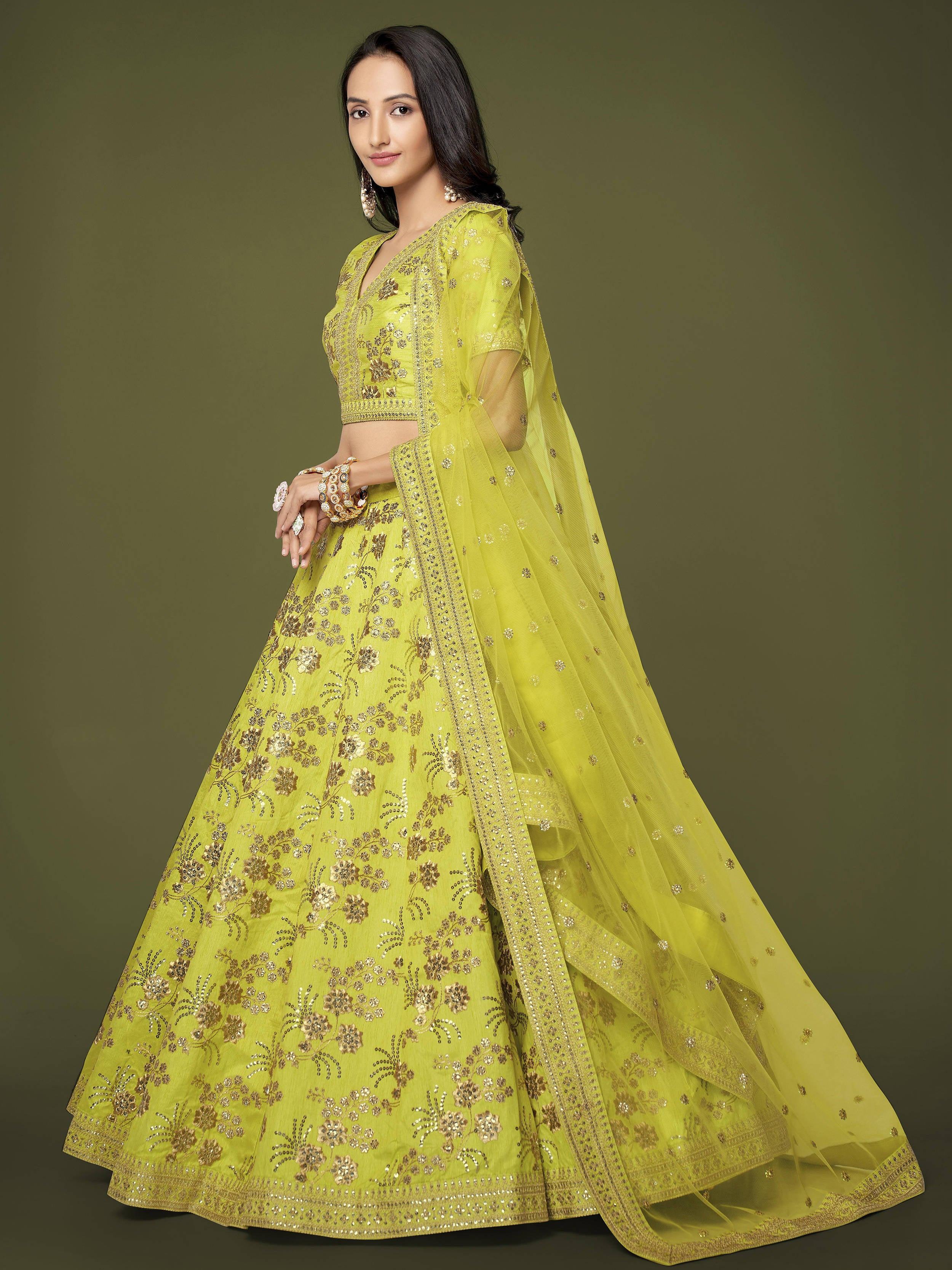 Green Prodigious Neon Sequins Work lehenga Choli With Dupatta