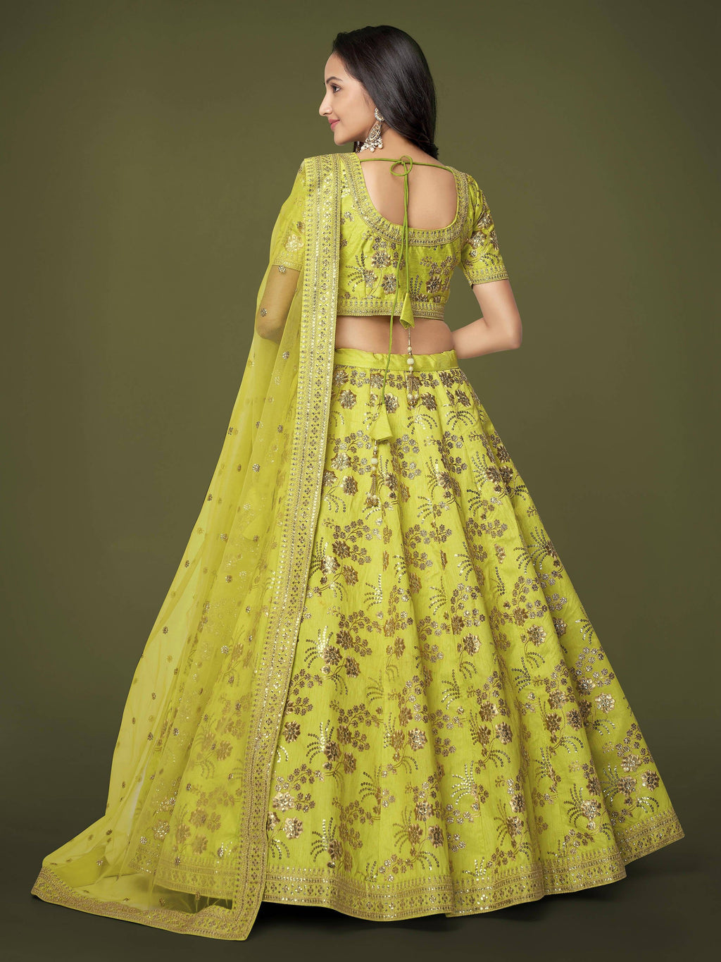 Green Prodigious Neon Sequins Work lehenga Choli With Dupatta