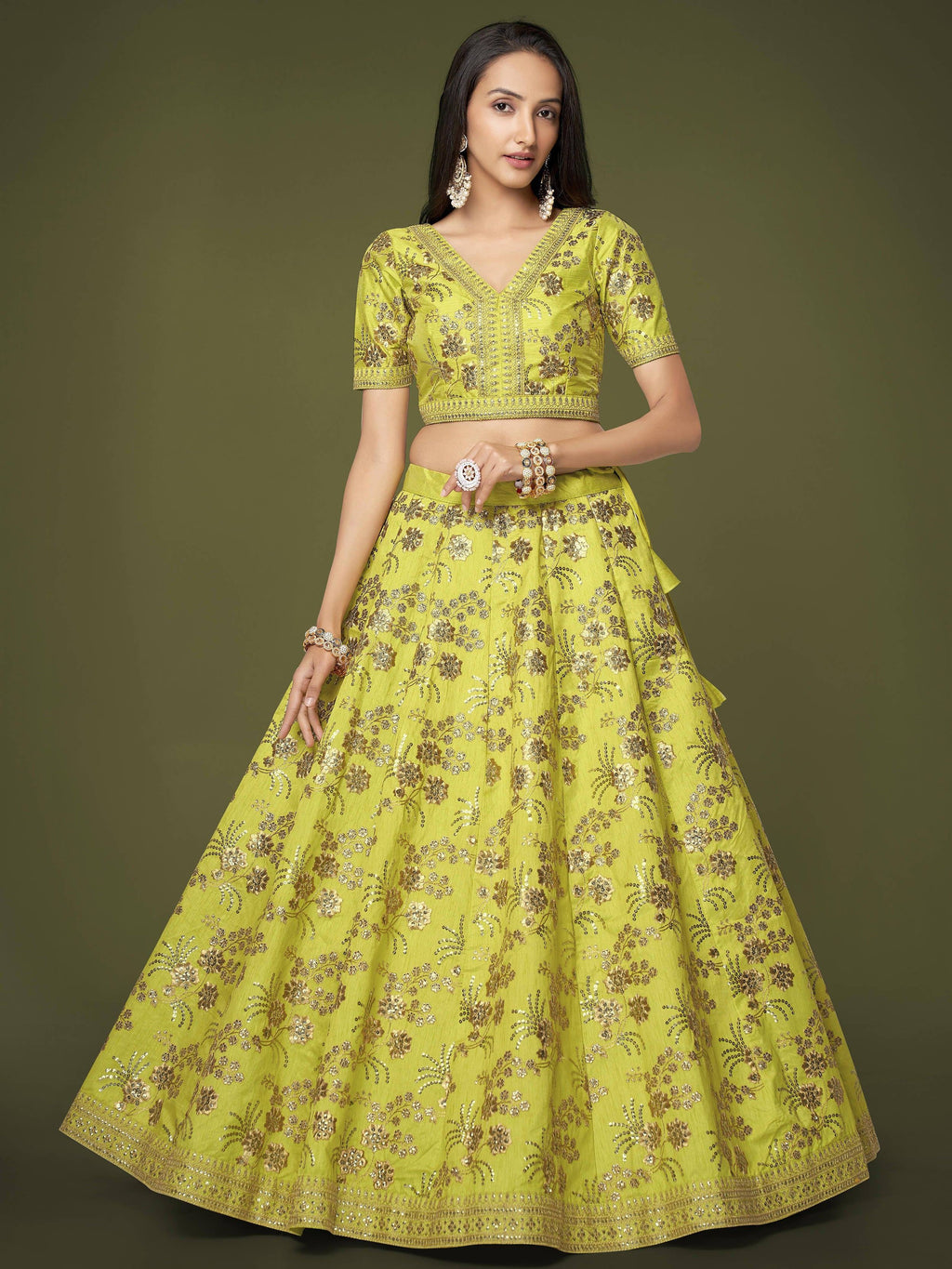 Green Prodigious Neon Sequins Work lehenga Choli With Dupatta