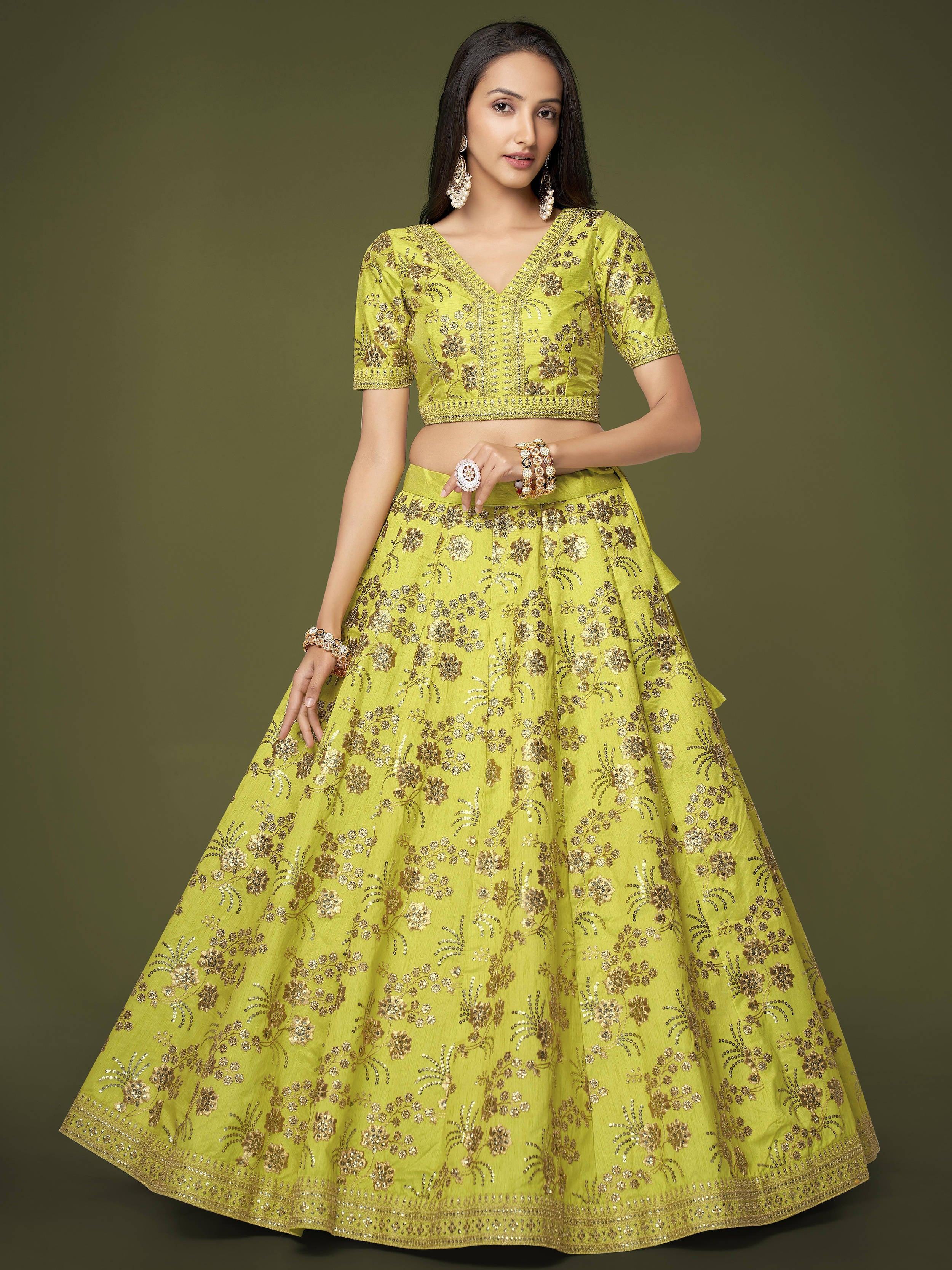 Green Prodigious Neon Sequins Work lehenga Choli With Dupatta