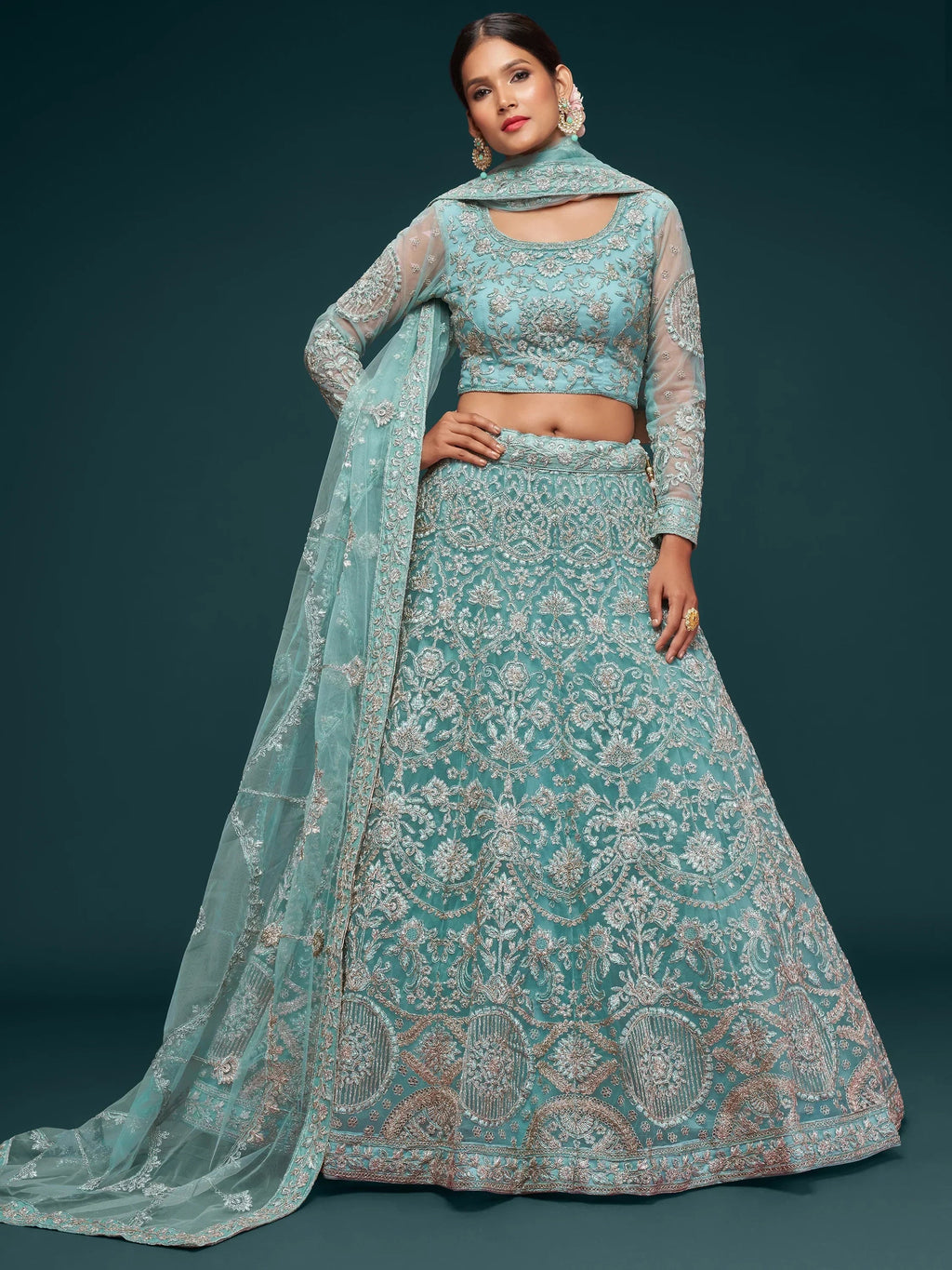 Aqua Attractive Embroidered Soft Net Occasion Wear Lehenga Choli