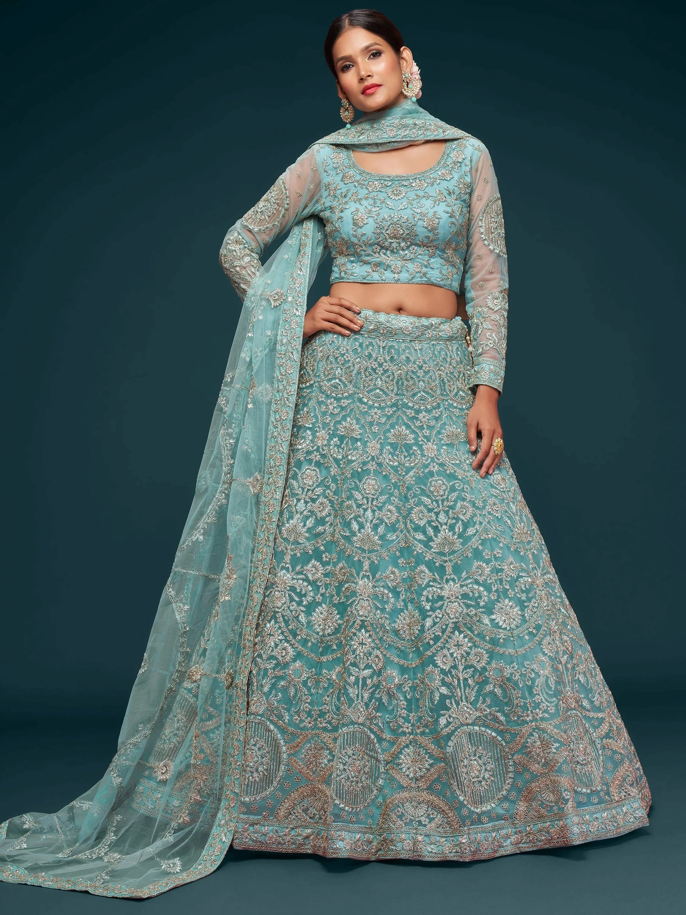 Sky Blue Attractive Embroidered Soft Net Occasion Wear Lehenga Choli