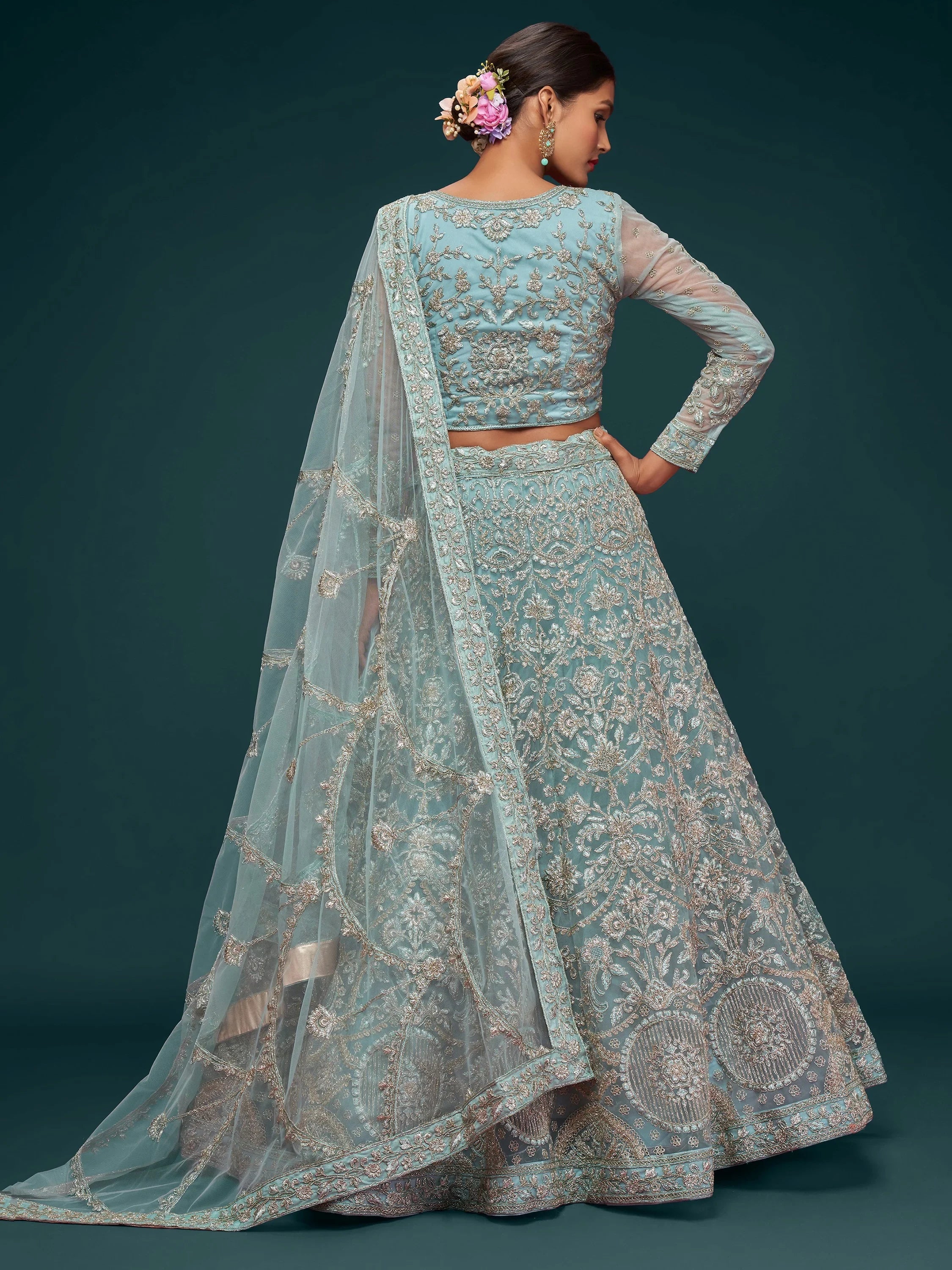 Sky Blue Attractive Embroidered Soft Net Occasion Wear Lehenga Choli