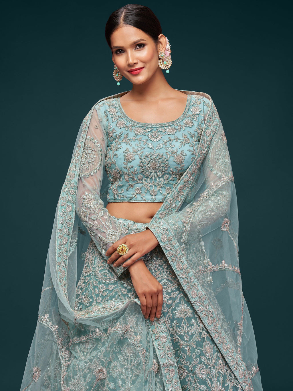 Aqua Attractive Embroidered Soft Net Occasion Wear Lehenga Choli