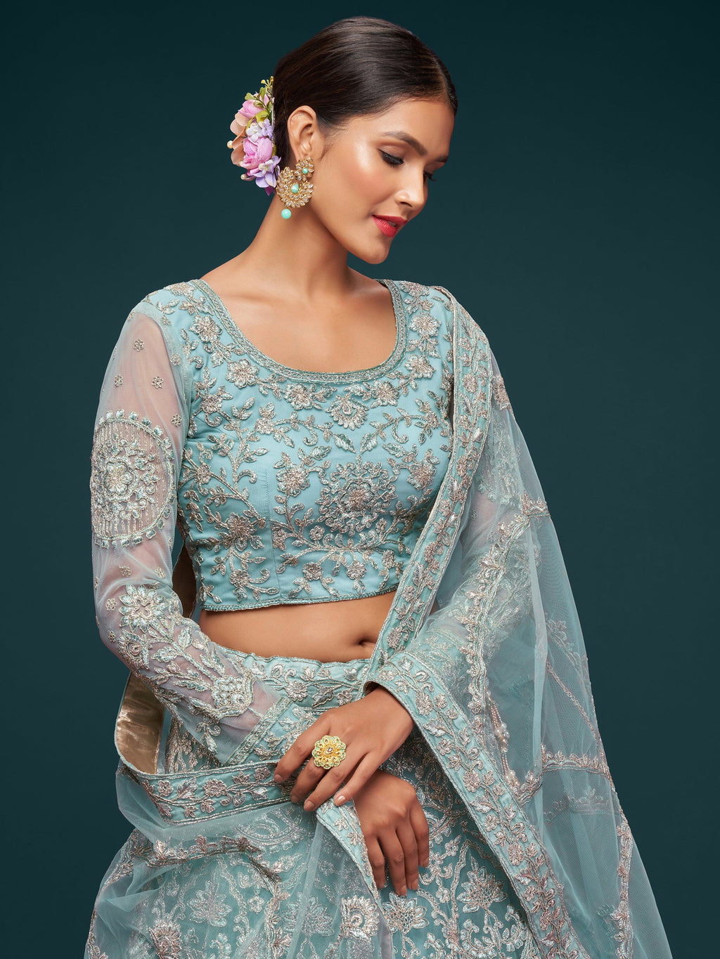 Aqua Attractive Embroidered Soft Net Occasion Wear Lehenga Choli