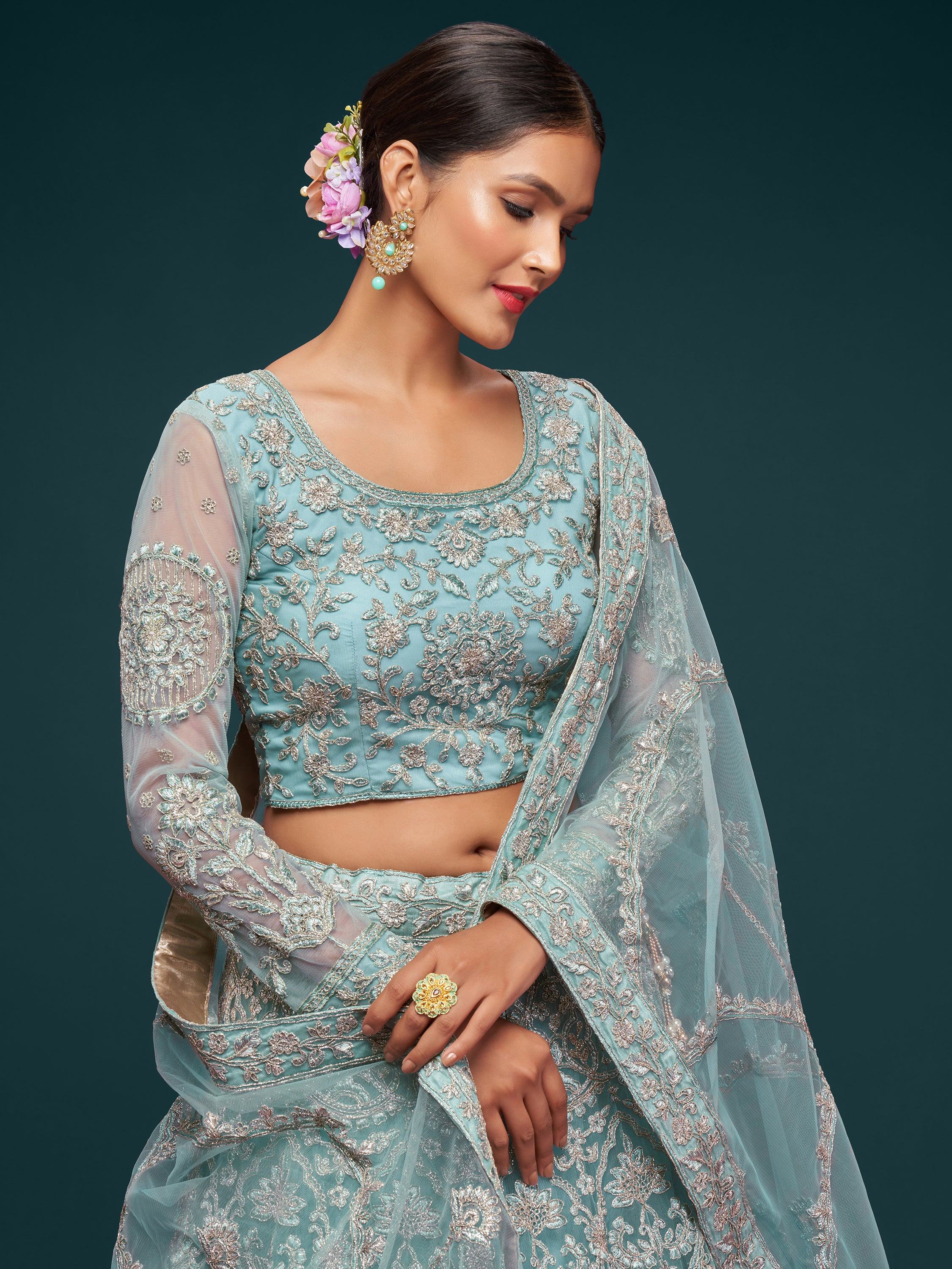 Aqua Attractive Embroidered Soft Net Occasion Wear Lehenga Choli