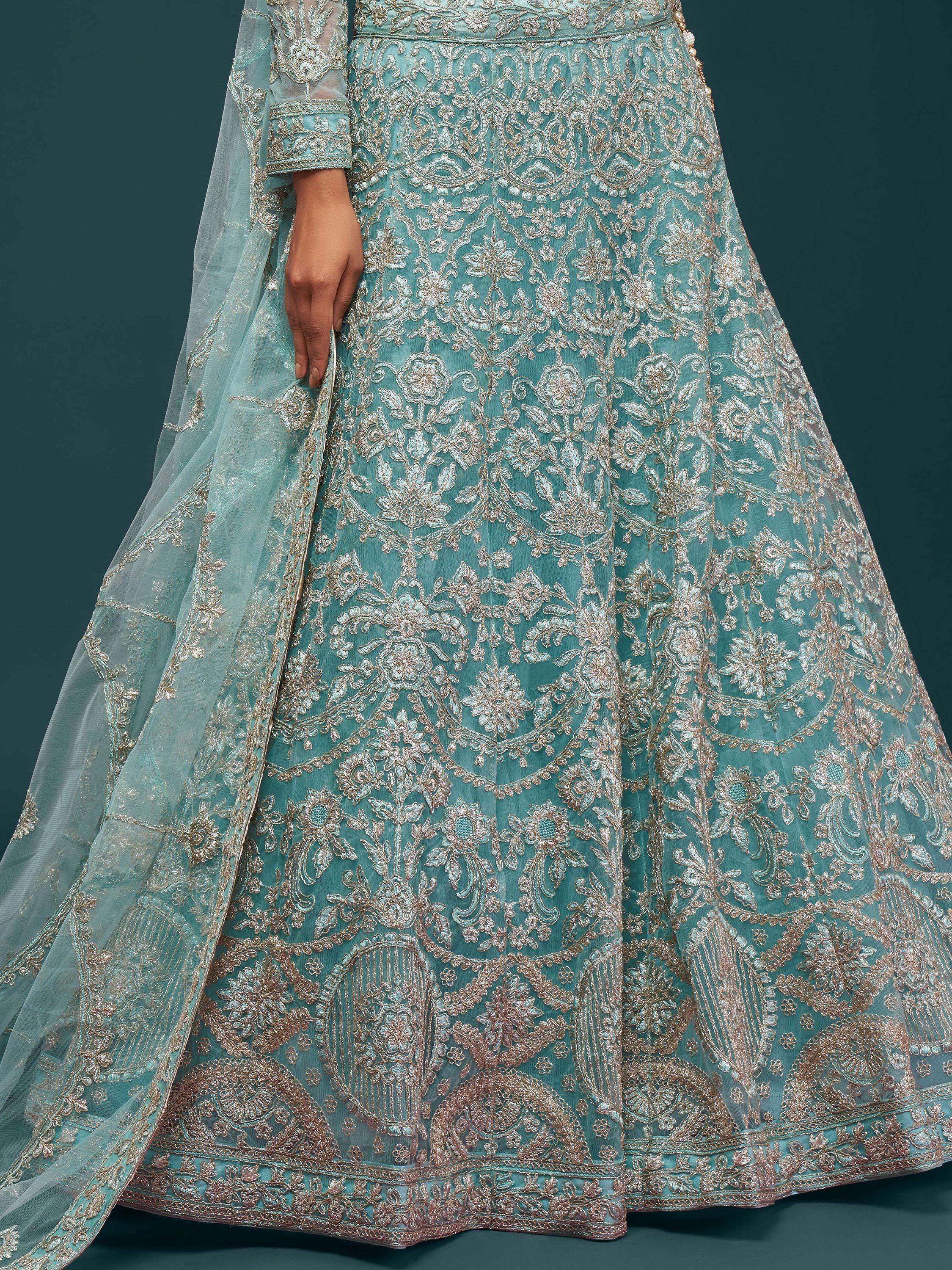 Sky Blue Attractive Embroidered Soft Net Occasion Wear Lehenga Choli
