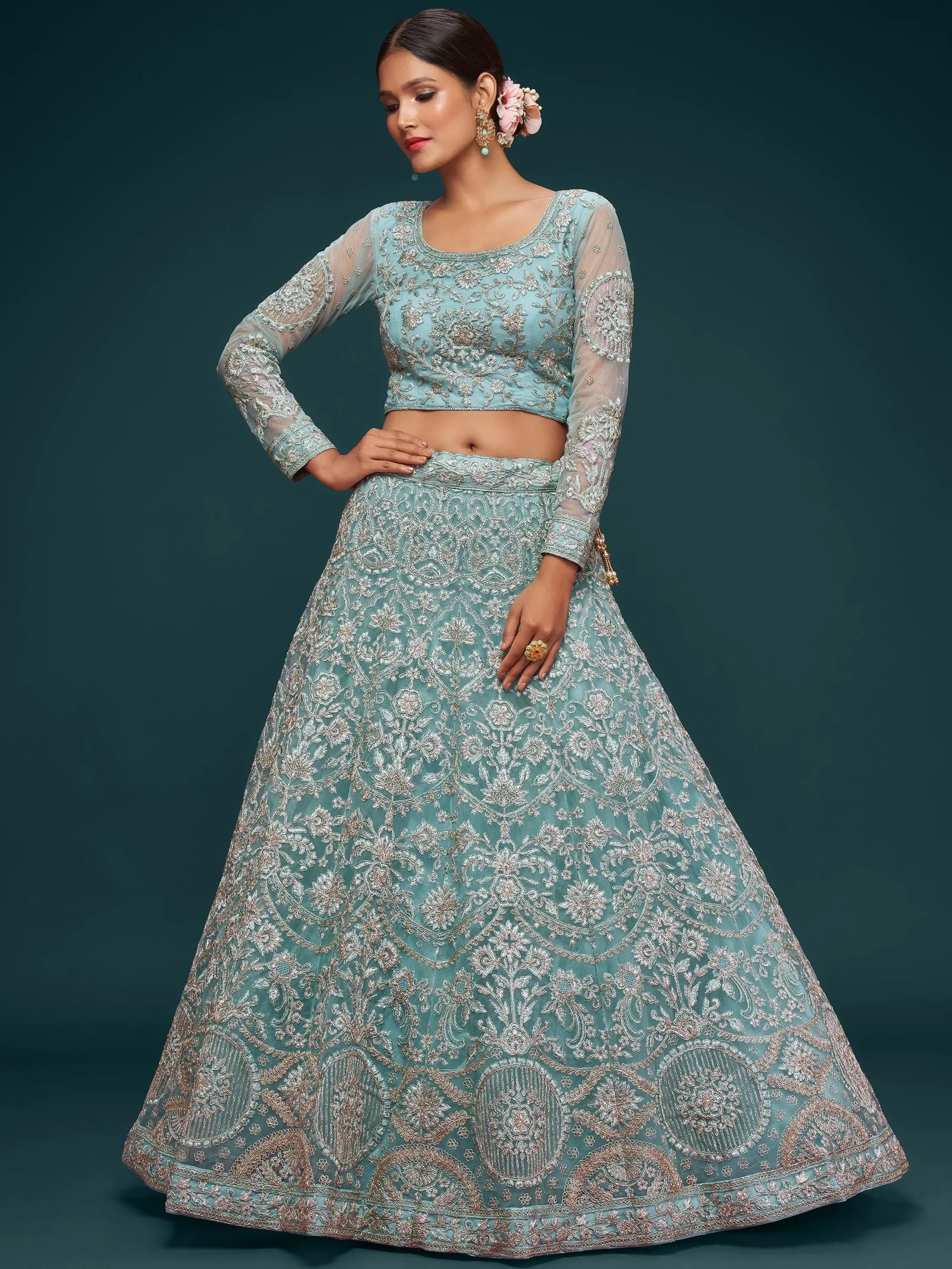 Aqua Attractive Embroidered Soft Net Occasion Wear Lehenga Choli