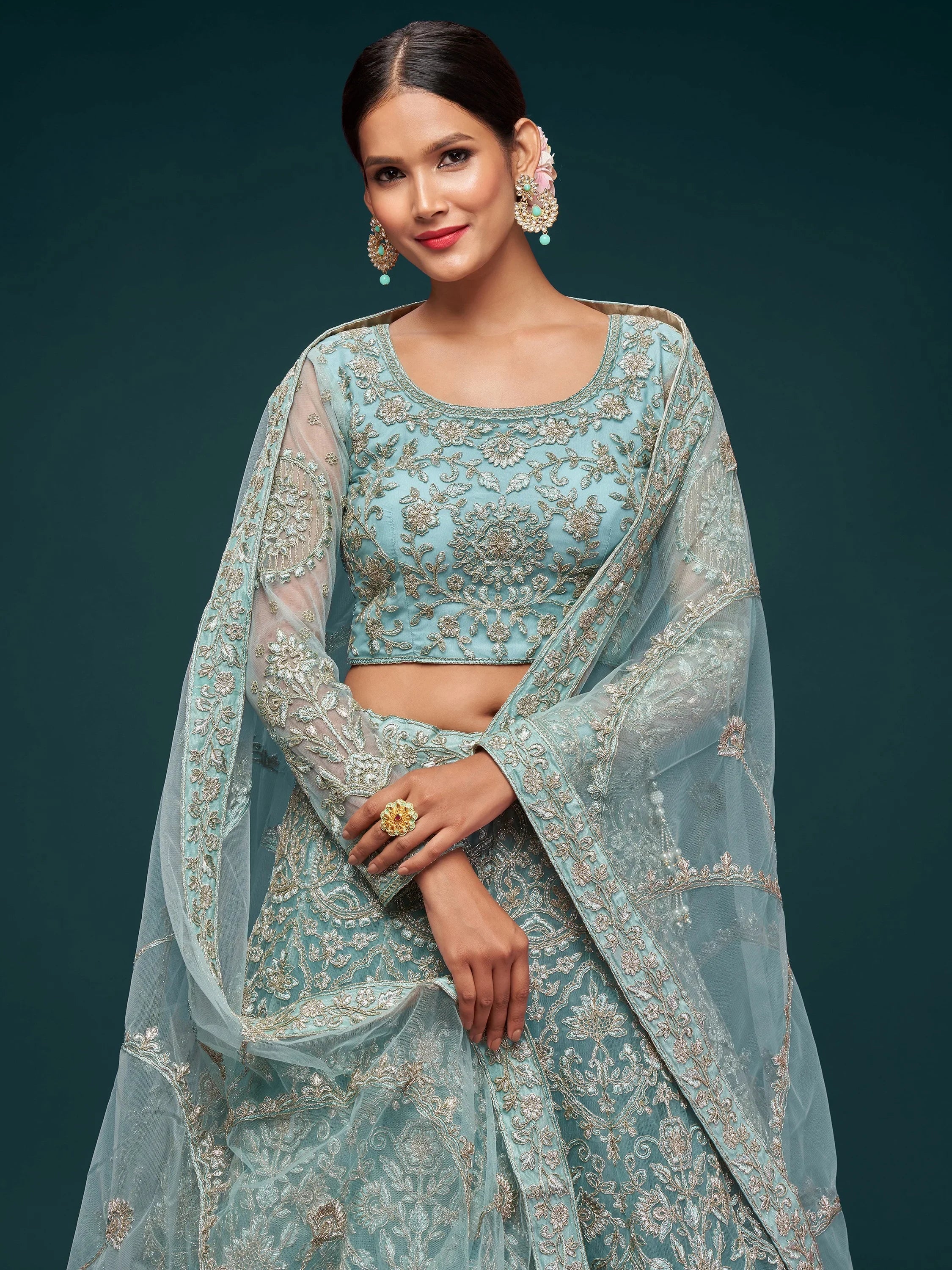 Sky Blue Attractive Embroidered Soft Net Occasion Wear Lehenga Choli