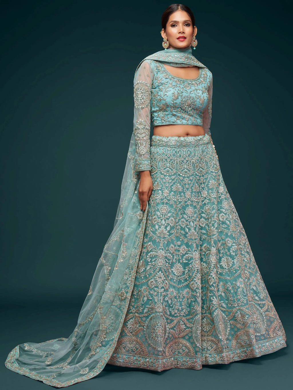 Sky Blue Attractive Embroidered Soft Net Occasion Wear Lehenga Choli