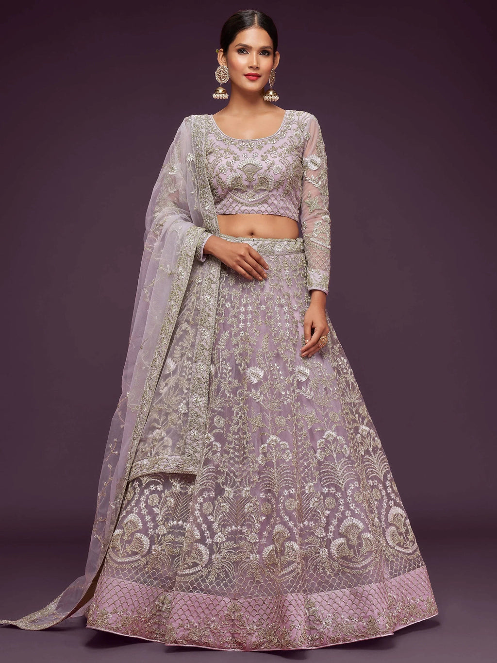 Glowing Lilac Embroidered Net Reception Wear Plus Size Lehenga Choli