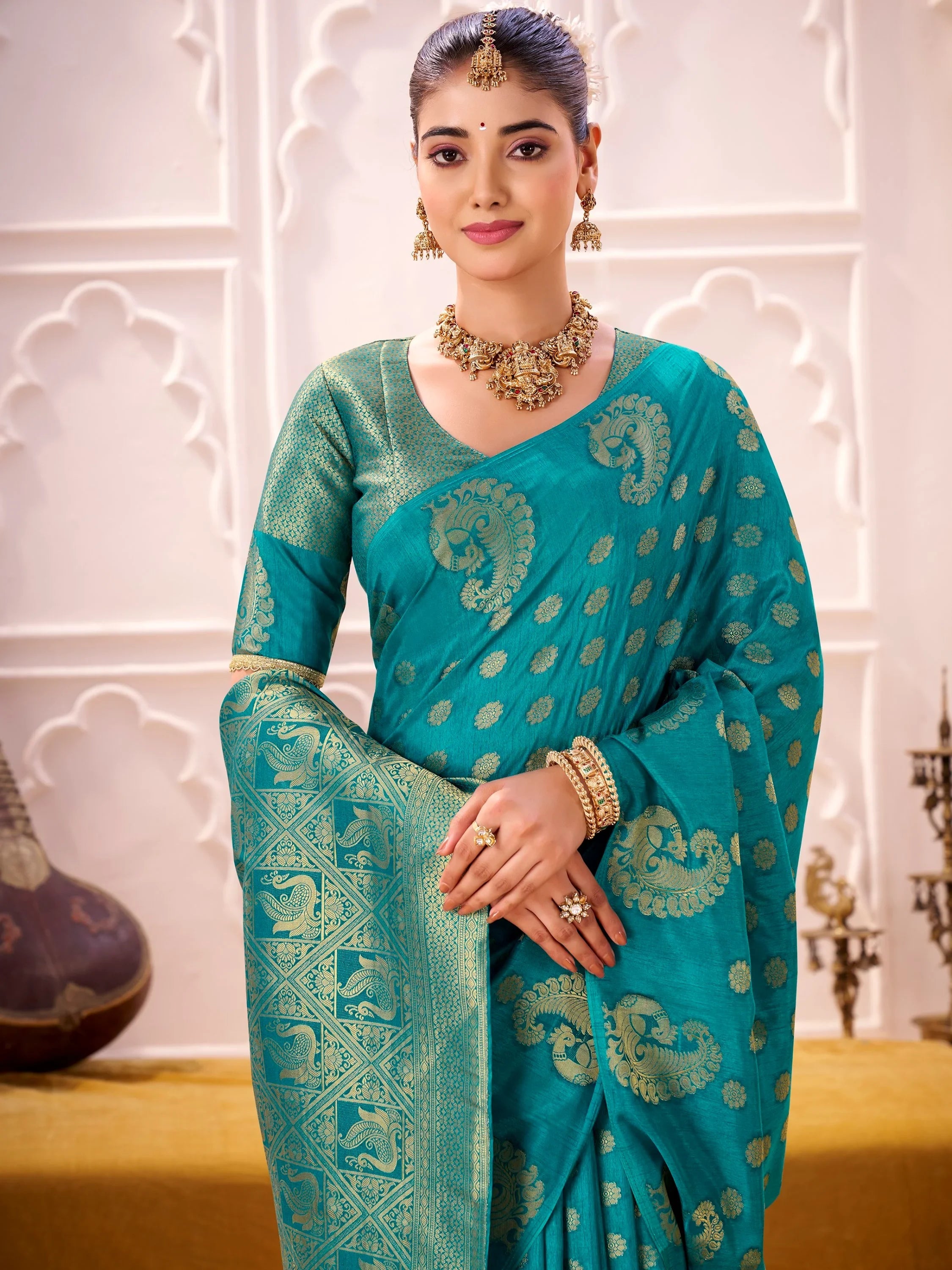 Teal Impressive Zari Weaving Silk Engagement Wear Saree With Blouse