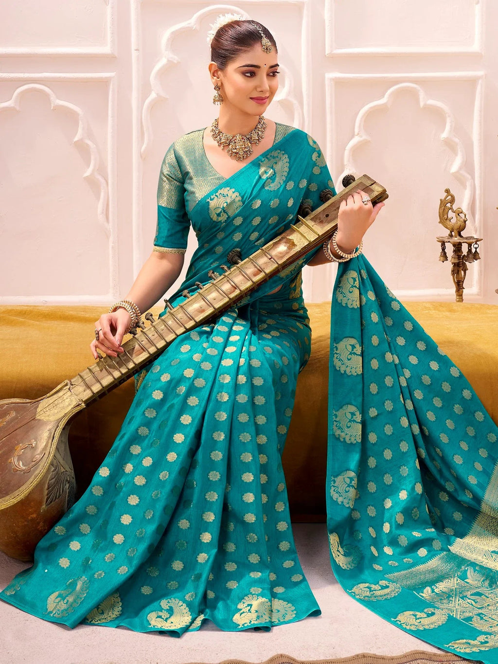 Teal Impressive Zari Weaving Silk Engagement Wear Saree With Blouse