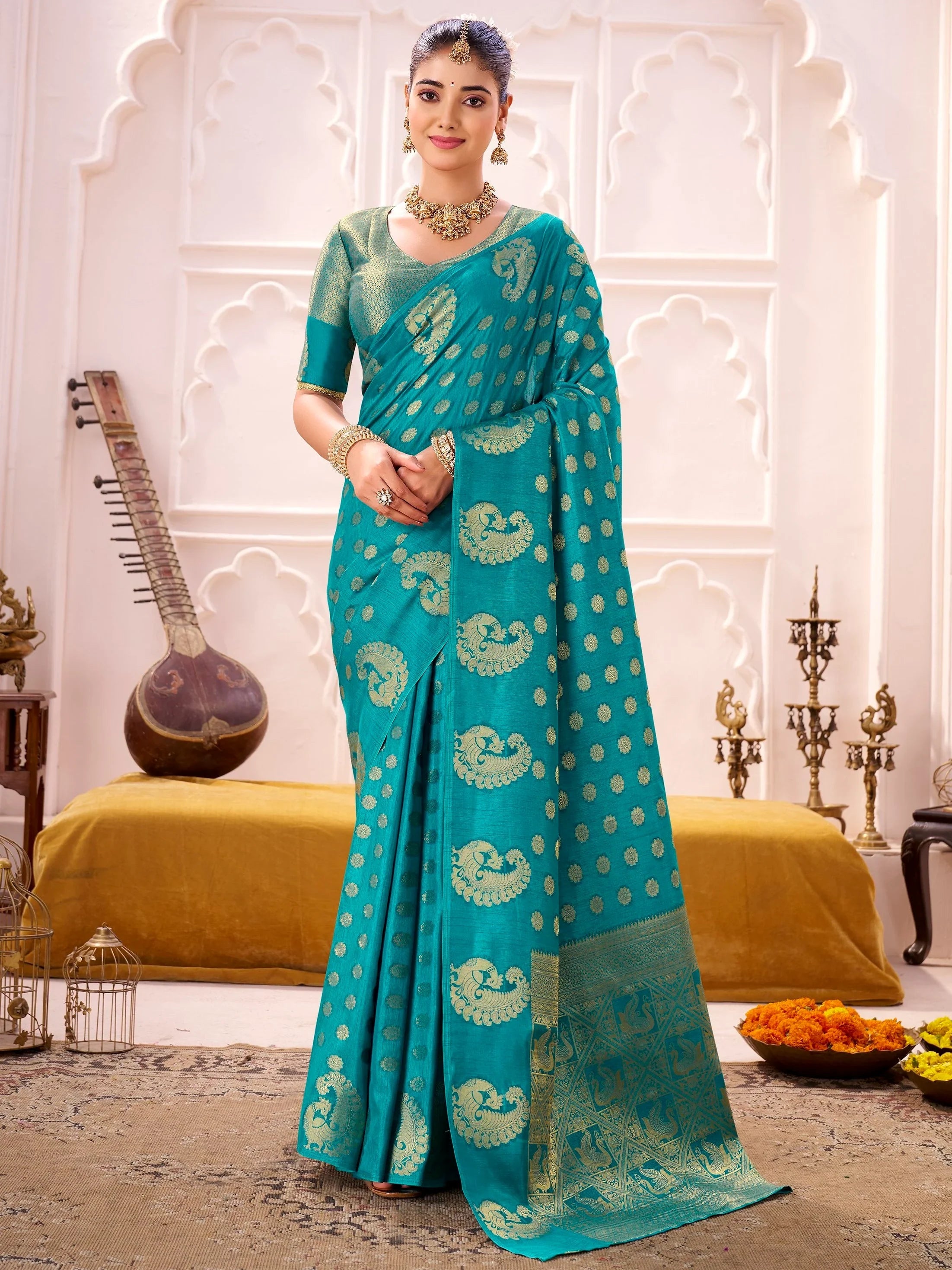 Teal Impressive Zari Weaving Silk Engagement Wear Saree With Blouse