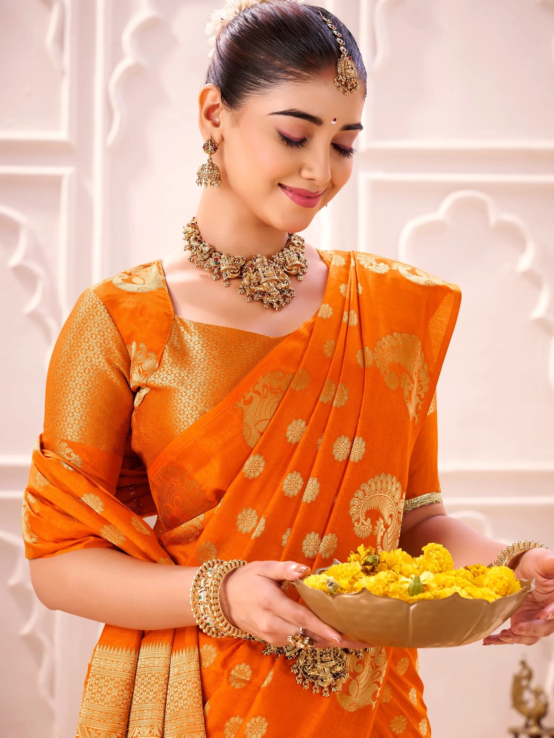 Orange Impressive Zari Weaving Silk Engagement Wear Saree With Blouse