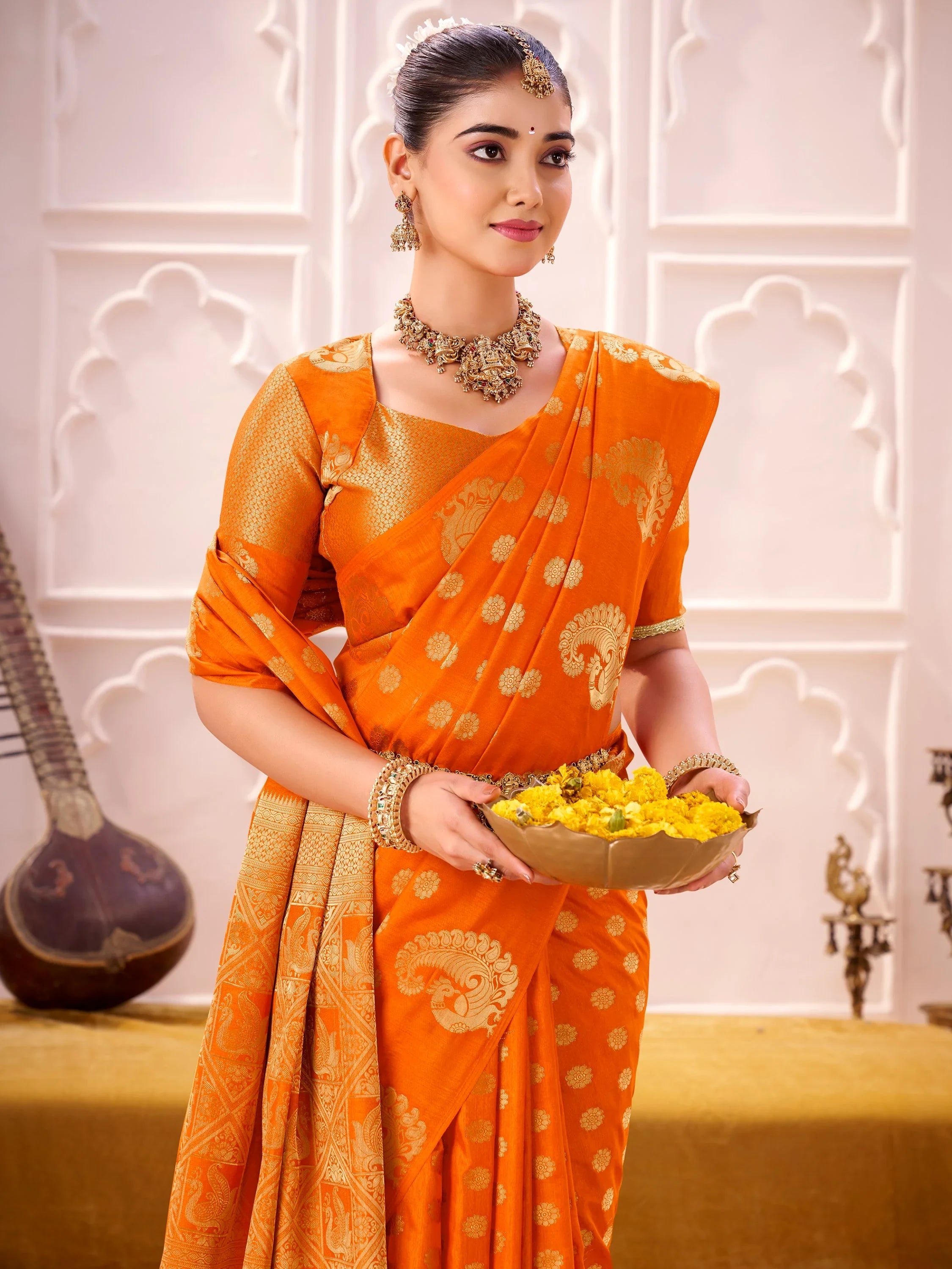 Orange Impressive Zari Weaving Silk Engagement Wear Saree With Blouse