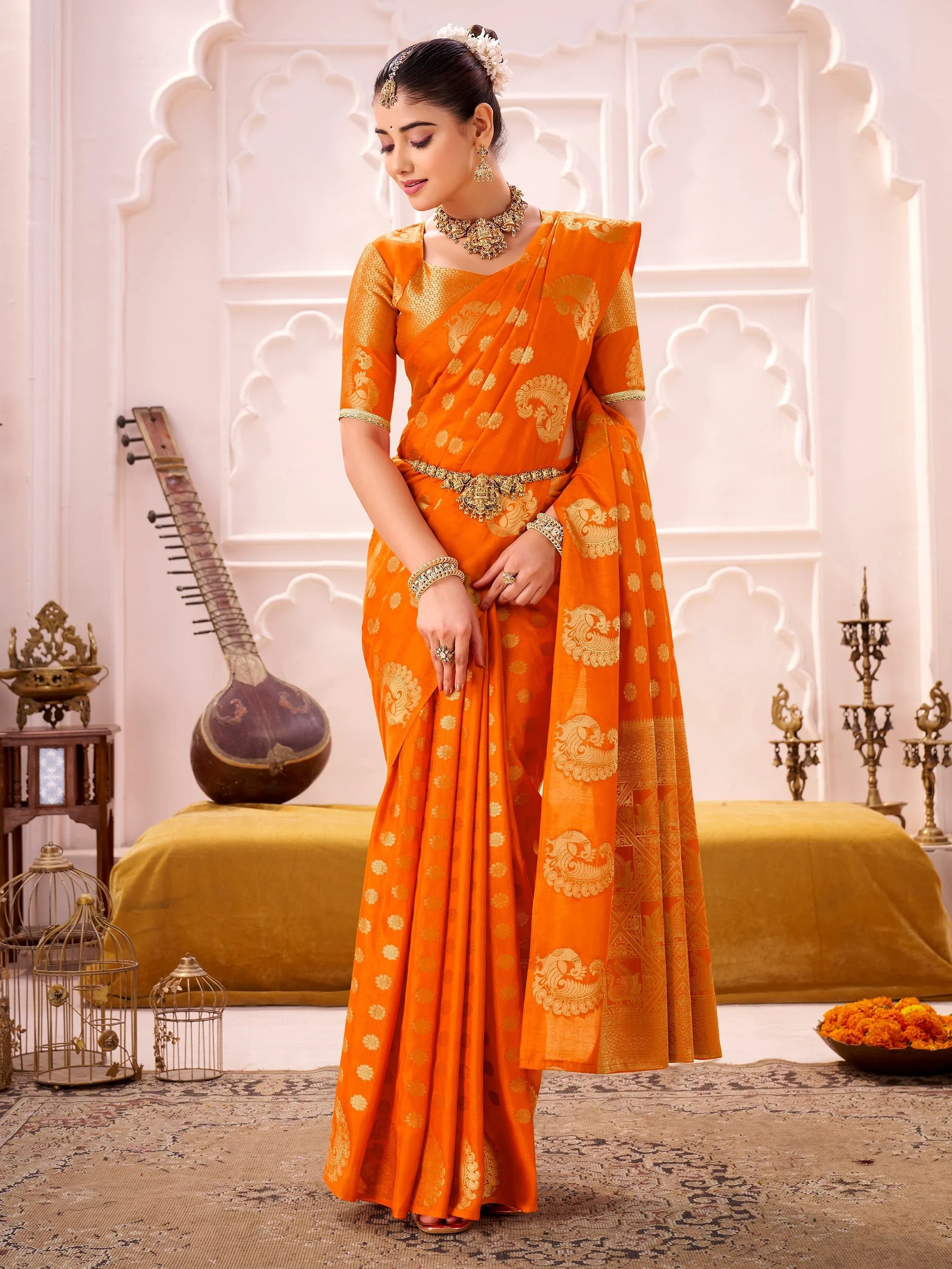 Orange Impressive Zari Weaving Silk Engagement Wear Saree With Blouse