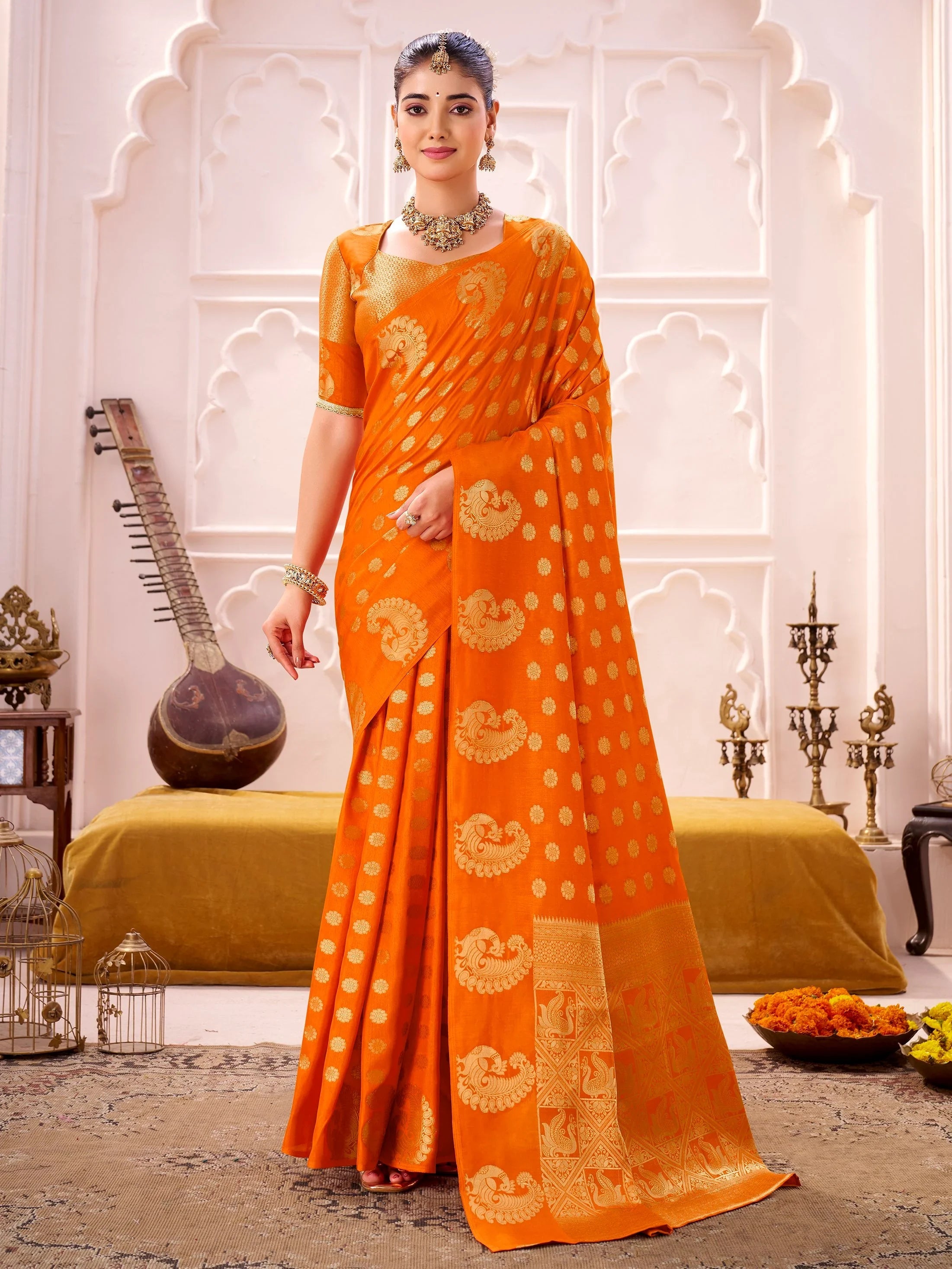 Orange Impressive Zari Weaving Silk Engagement Wear Saree With Blouse