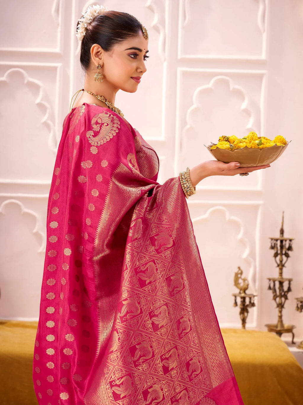 Pink Impressive Zari Weaving Silk Engagement Wear Saree With Blouse