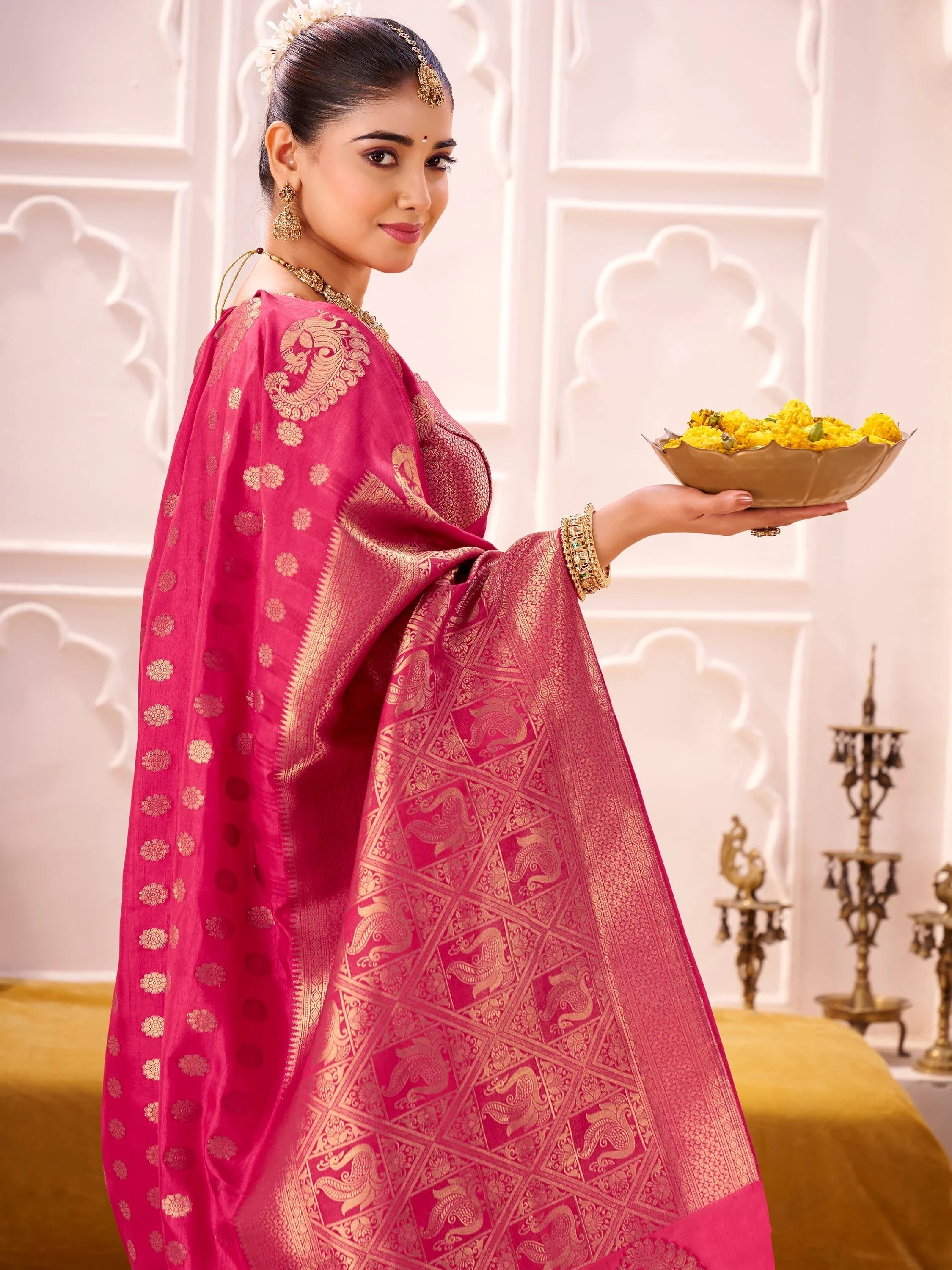Pink Impressive Zari Weaving Silk Engagement Wear Saree With Blouse