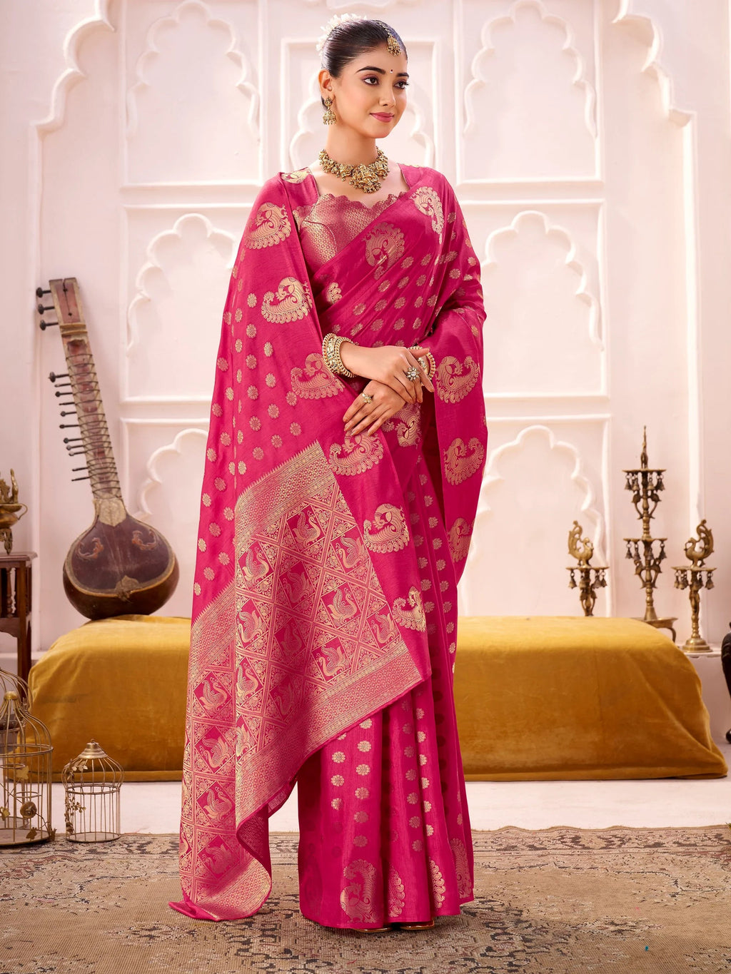 Pink Impressive Zari Weaving Silk Engagement Wear Saree With Blouse
