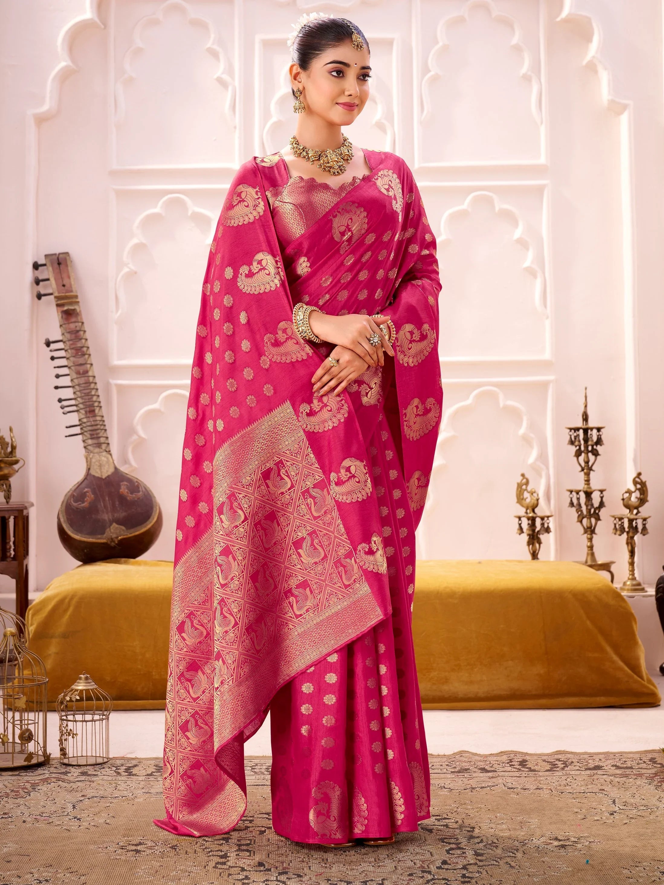 Pink Impressive Zari Weaving Silk Engagement Wear Saree With Blouse
