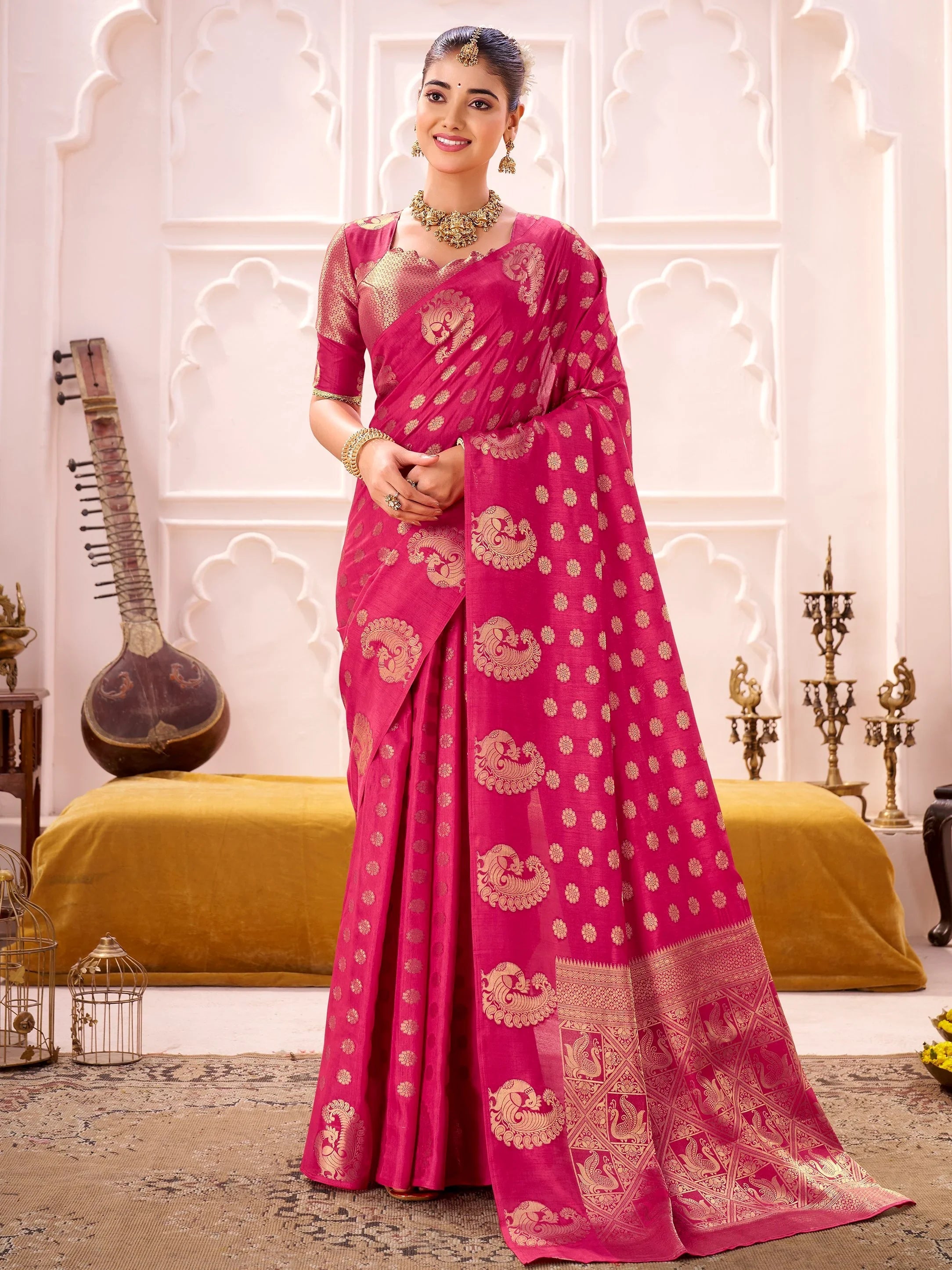 Pink Impressive Zari Weaving Silk Engagement Wear Saree With Blouse