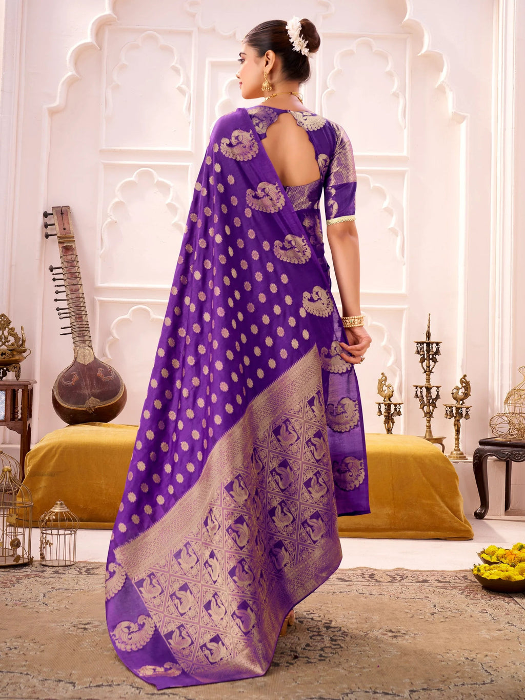 Purple Impressive Zari Weaving Silk Engagement Wear Saree With Blouse
