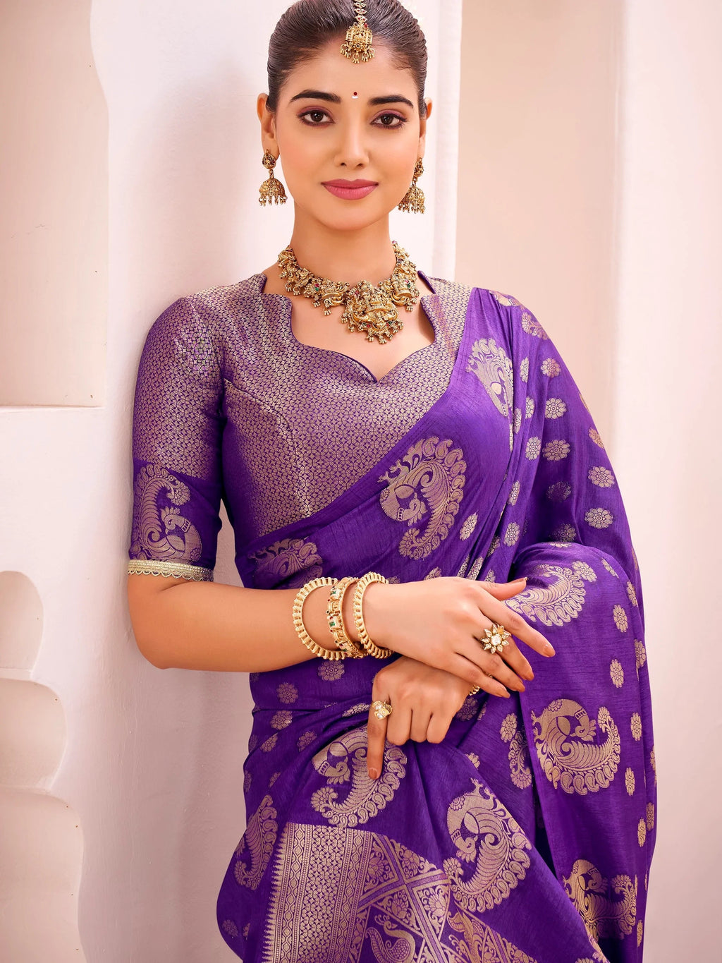 Purple Impressive Zari Weaving Silk Engagement Wear Saree With Blouse