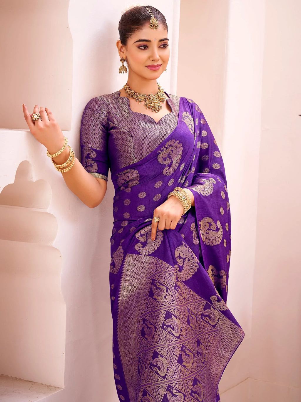 Purple Impressive Zari Weaving Silk Engagement Wear Saree With Blouse