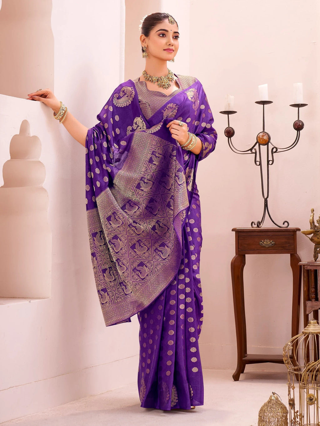 Purple Impressive Zari Weaving Silk Engagement Wear Saree With Blouse