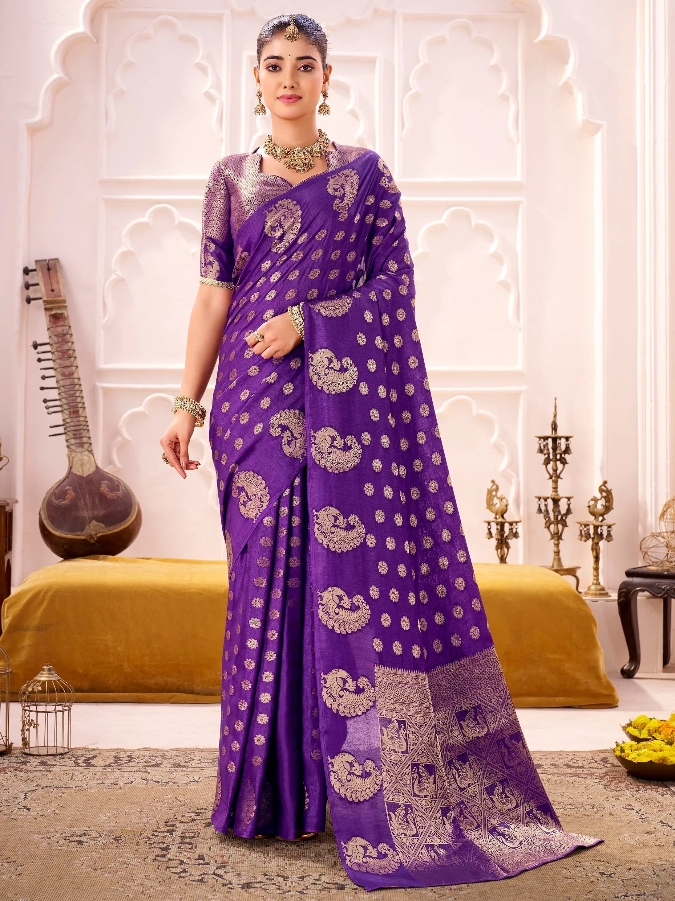 Purple Impressive Zari Weaving Silk Engagement Wear Saree With Blouse