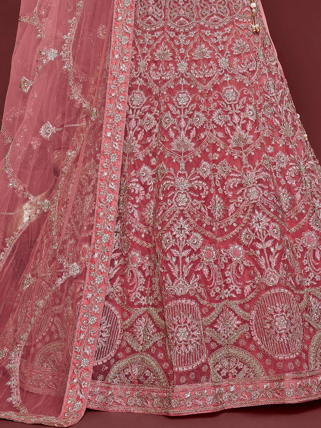 Fantastic Pink Embroidered Net Sangeet Wear Plus Size Lehenga Choli