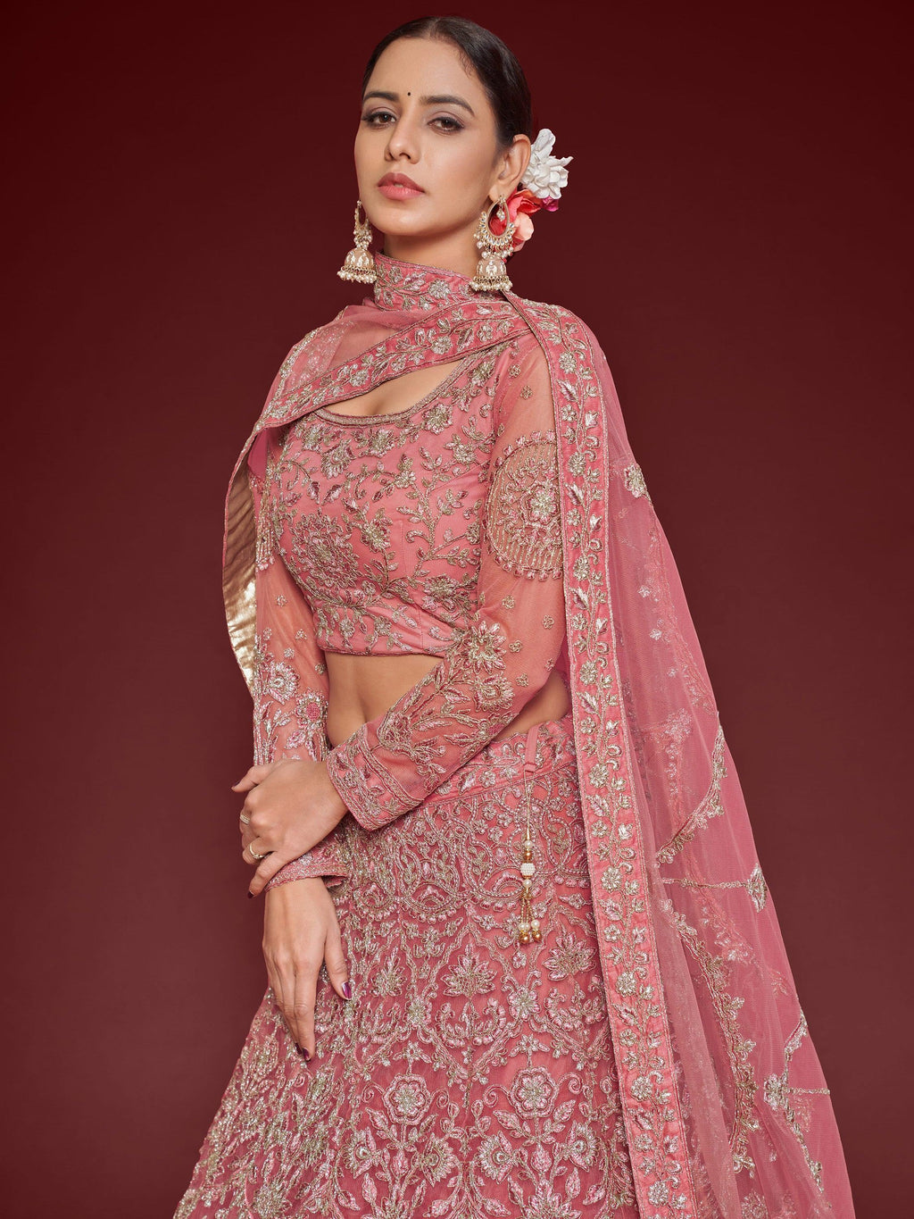 Captivating Pink Embroidered Soft Net Event Wear Lehenga Choli