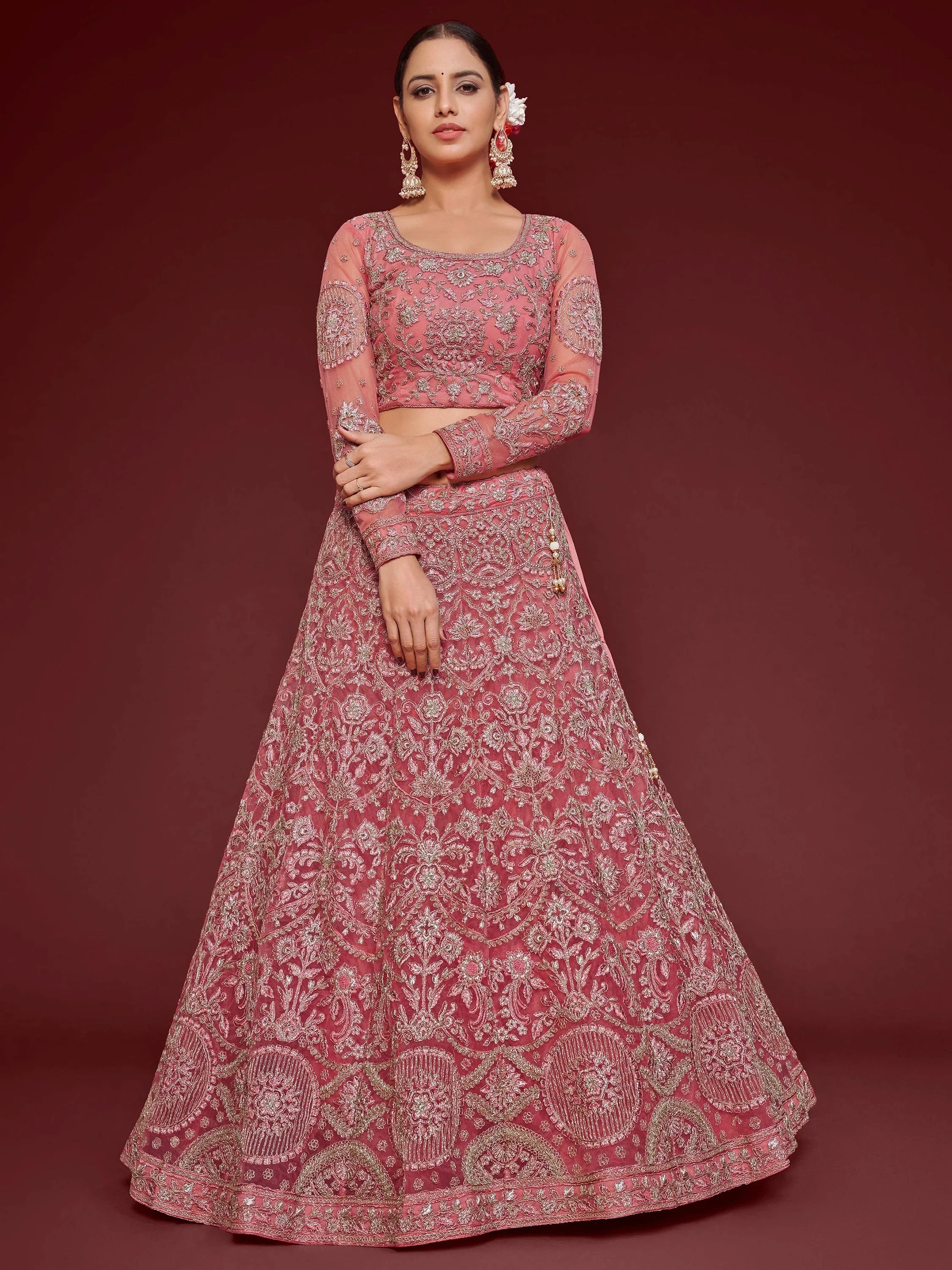 Fantastic Pink Embroidered Net Sangeet Wear Plus Size Lehenga Choli