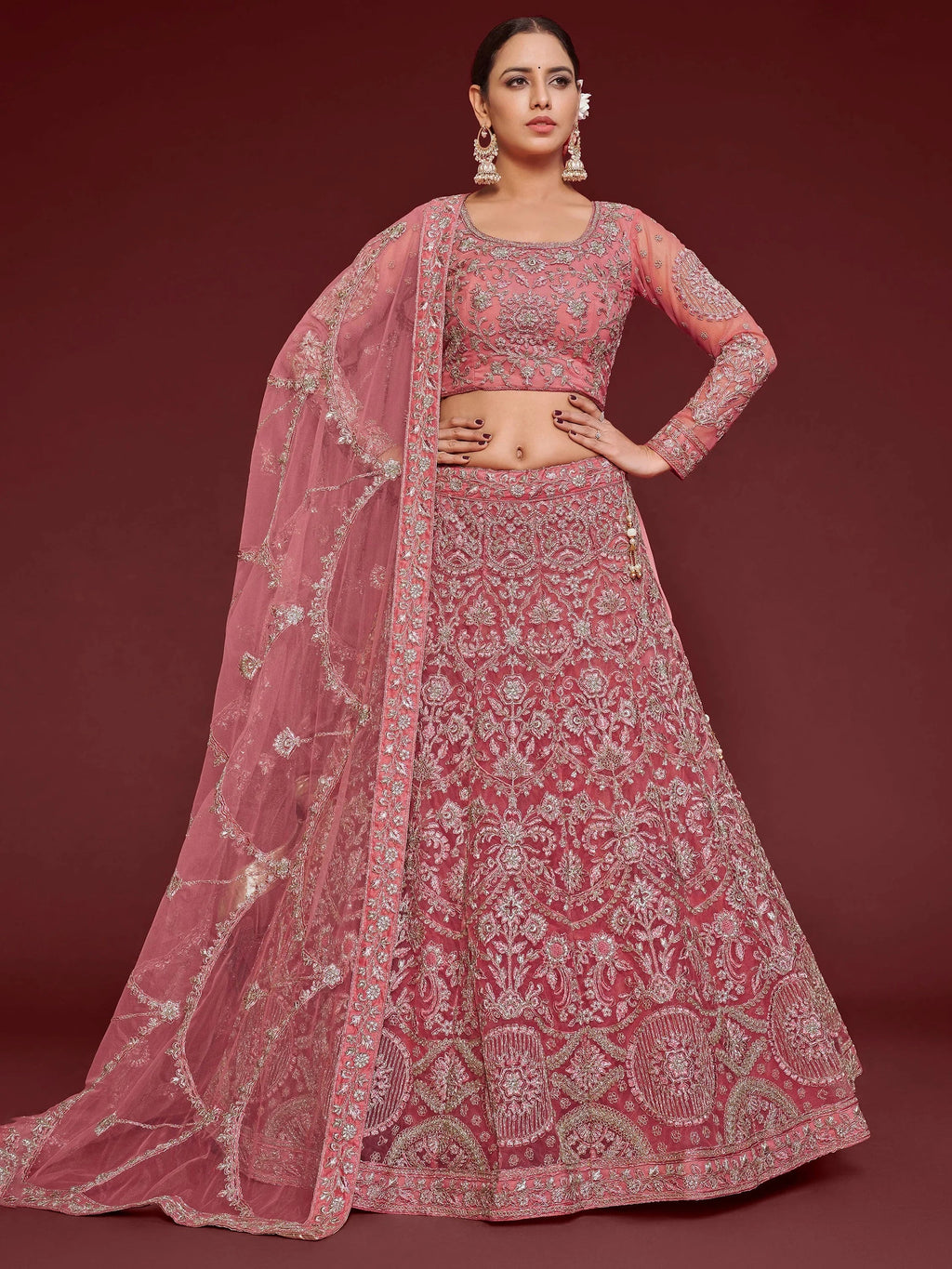 Fantastic Pink Embroidered Net Sangeet Wear Plus Size Lehenga Choli
