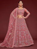 Fantastic Pink Embroidered Net Sangeet Wear Plus Size Lehenga Choli