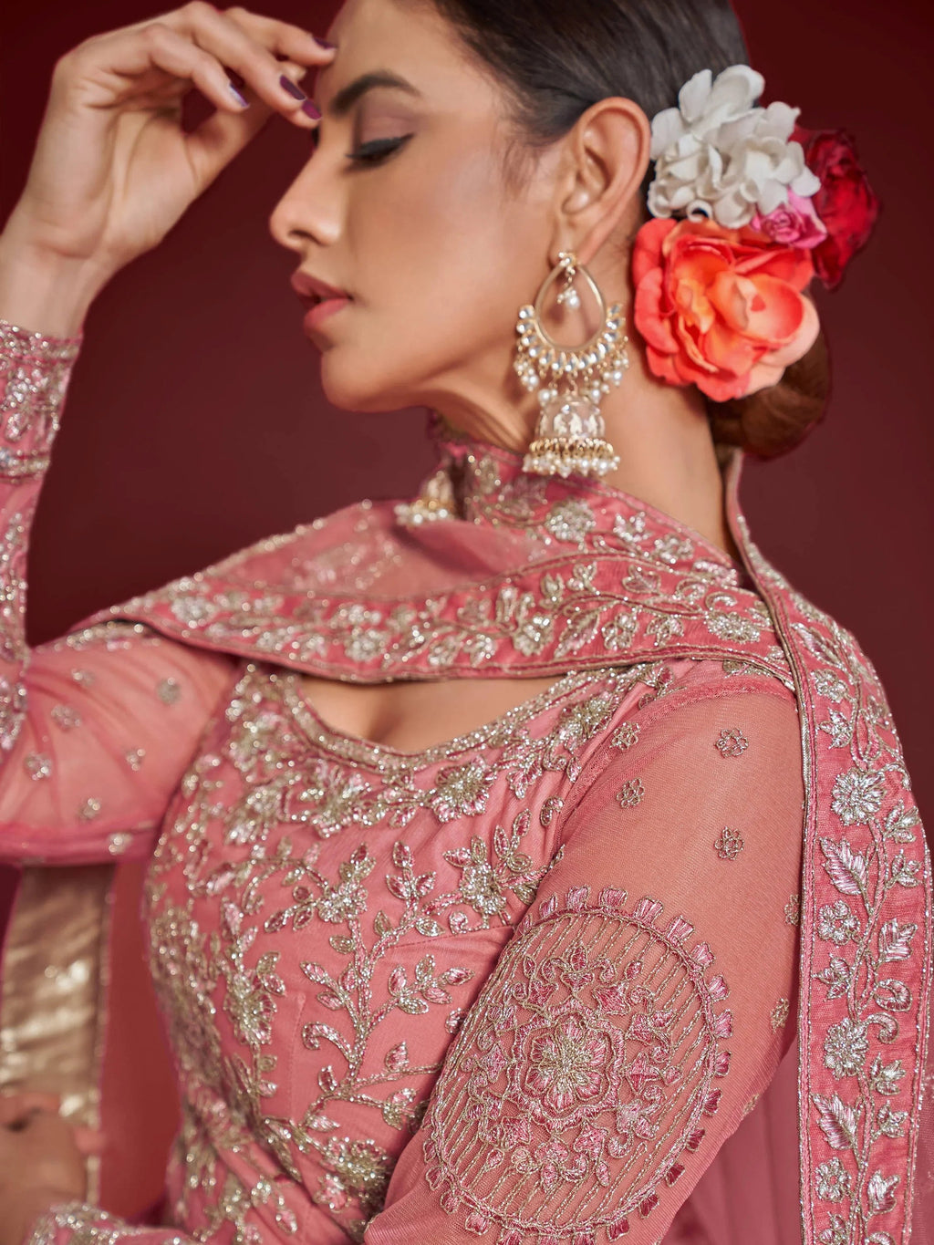 Fantastic Pink Embroidered Net Sangeet Wear Plus Size Lehenga Choli