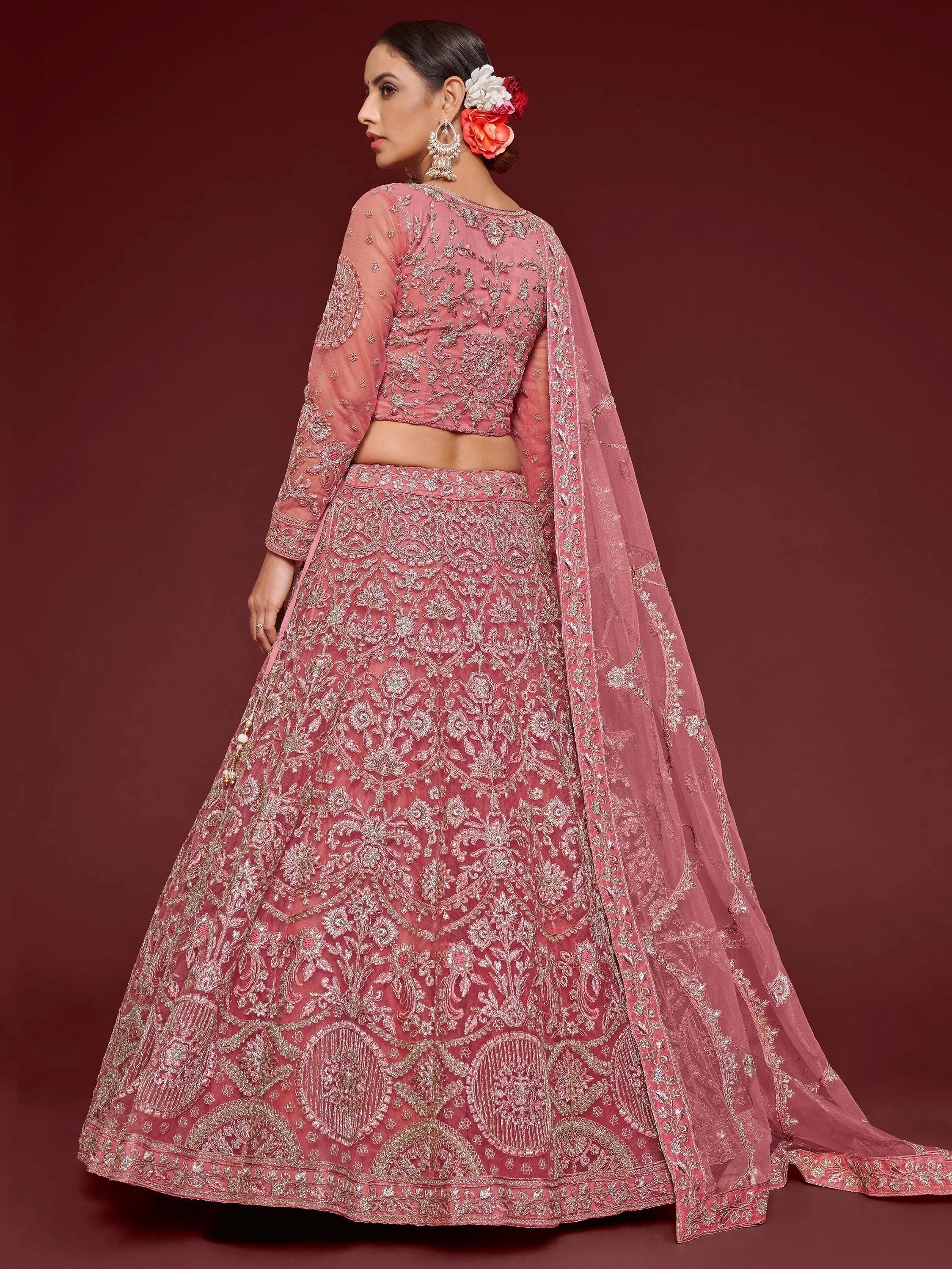 Fantastic Pink Embroidered Net Sangeet Wear Plus Size Lehenga Choli