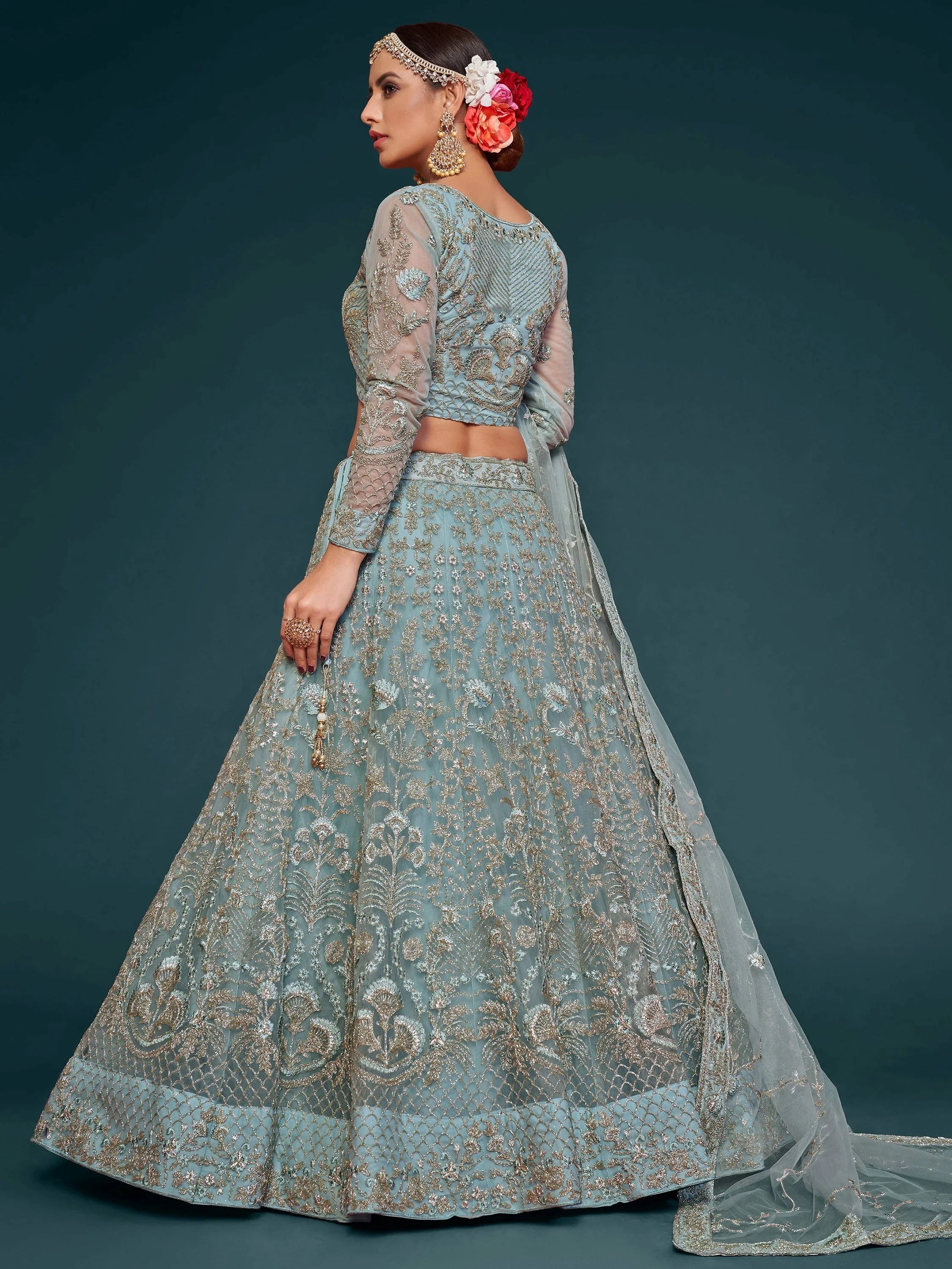 Fabulous Sky Blue Embroidered Net Wedding Wear Plus Size Lehenga Choli