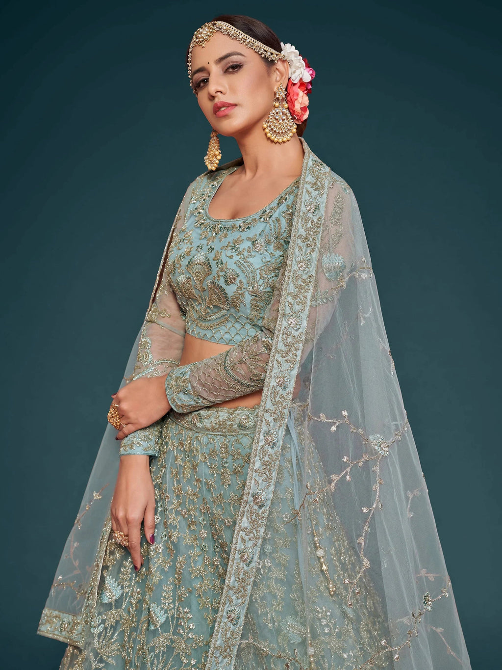 Fabulous Sky Blue Embroidered Net Wedding Wear Plus Size Lehenga Choli