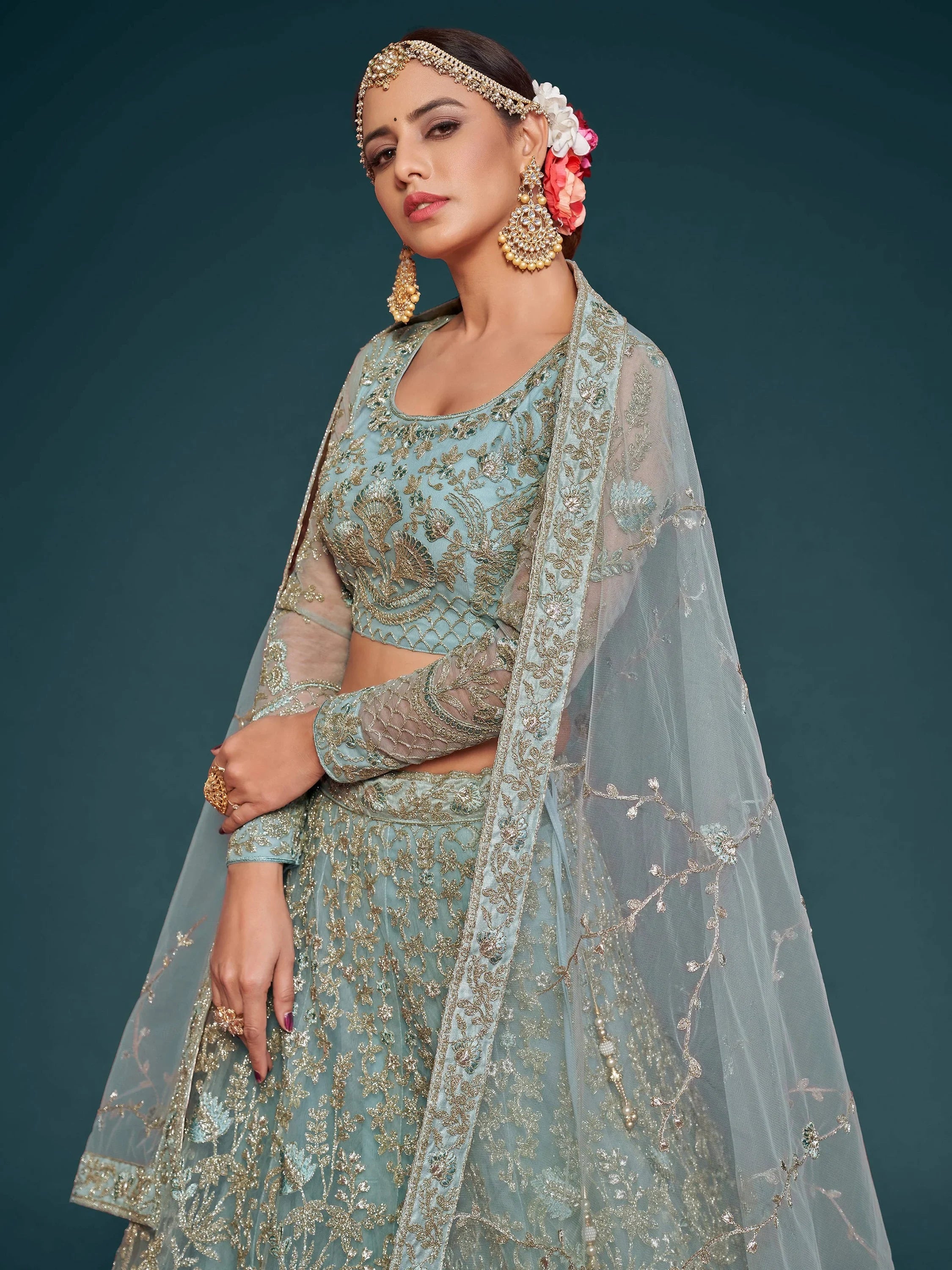 Fabulous Sky Blue Embroidered Net Wedding Wear Plus Size Lehenga Choli