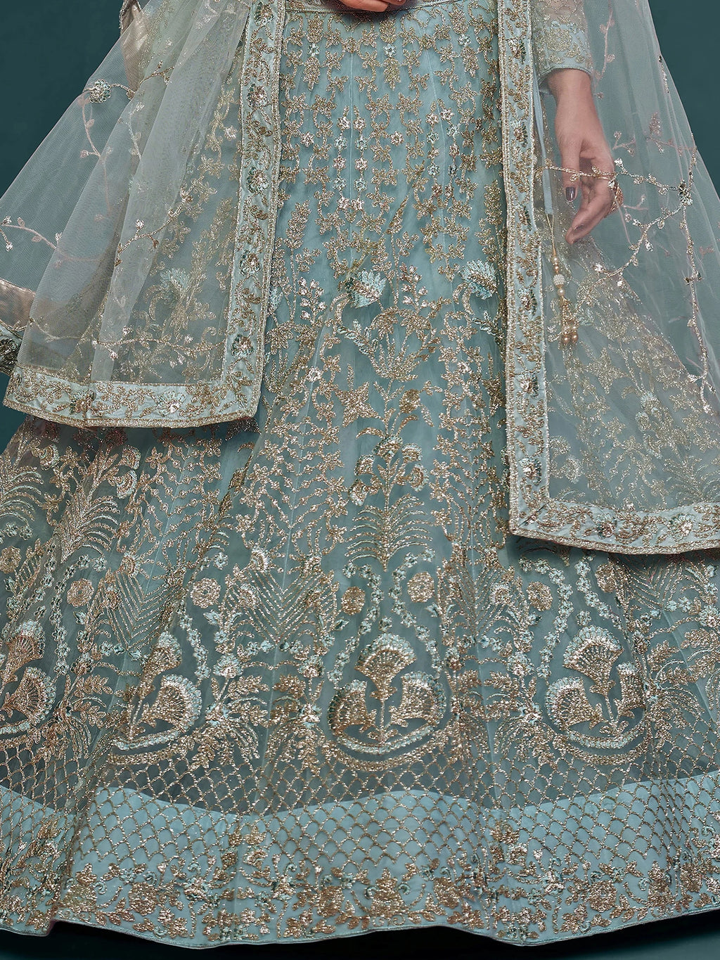 Fabulous Sky Blue Embroidered Net Wedding Wear Plus Size Lehenga Choli