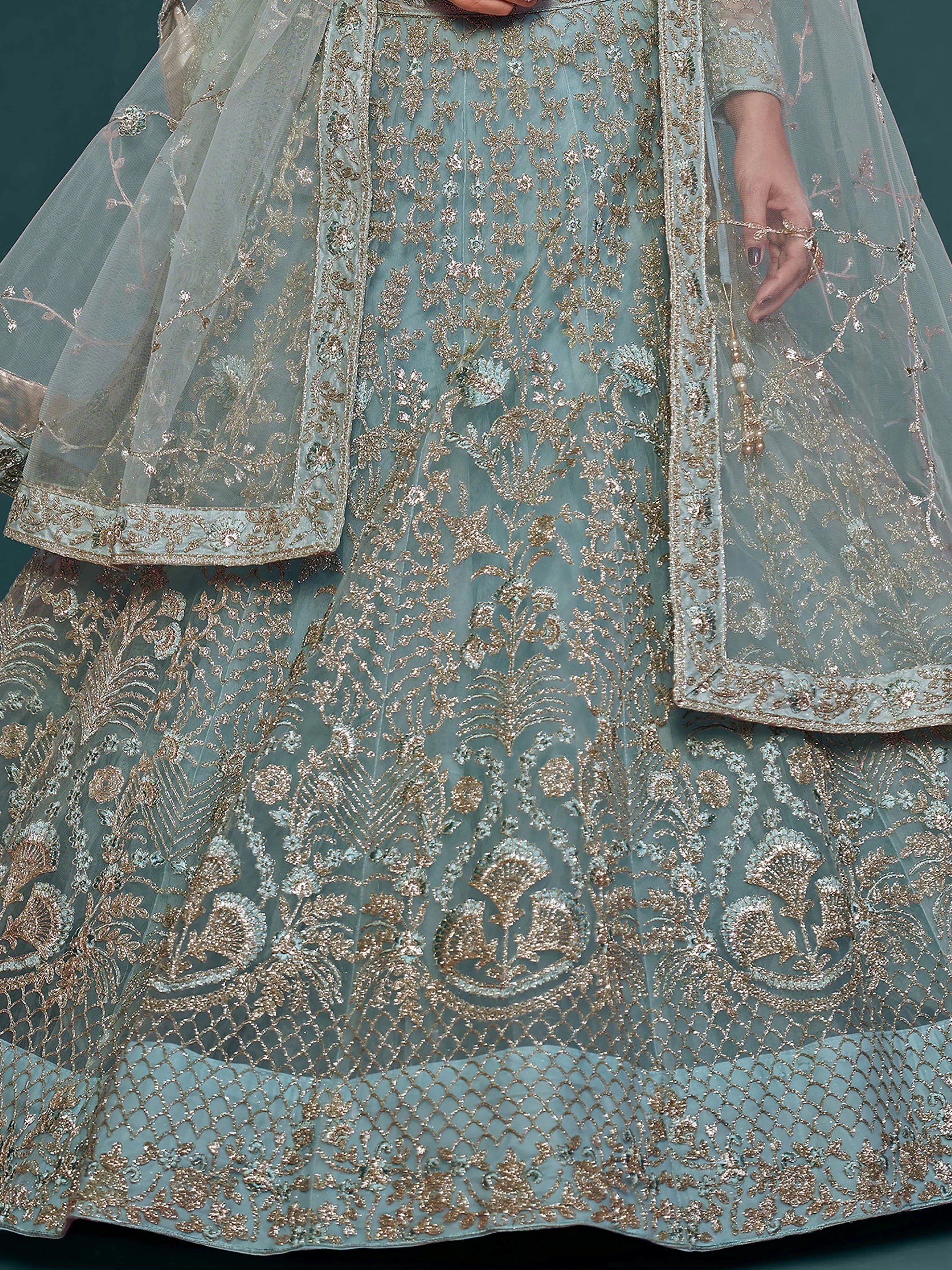 Fabulous Sky Blue Embroidered Net Wedding Wear Plus Size Lehenga Choli