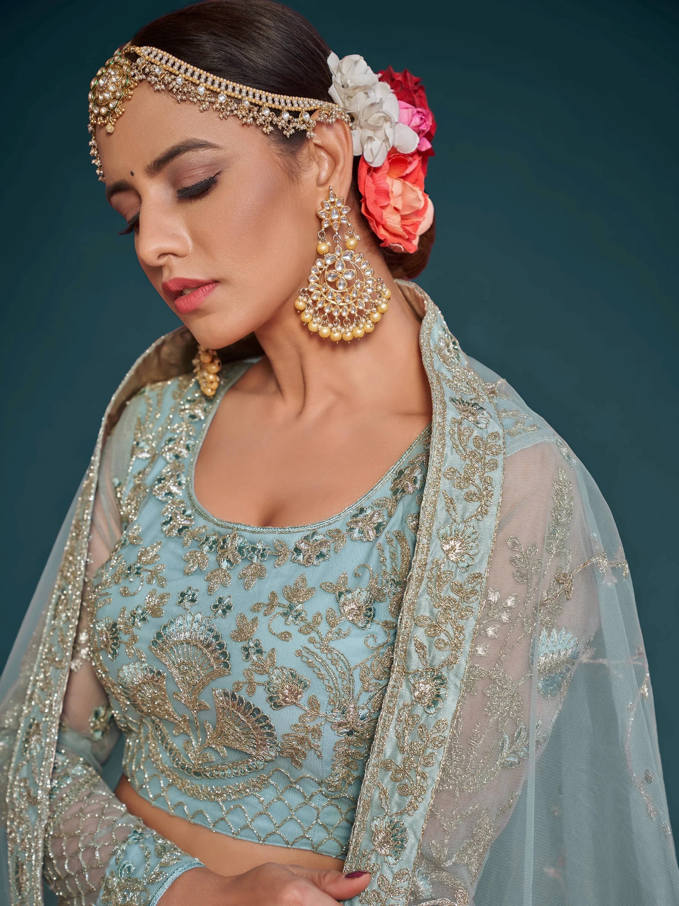 Fabulous Sky Blue Embroidered Net Wedding Wear Plus Size Lehenga Choli
