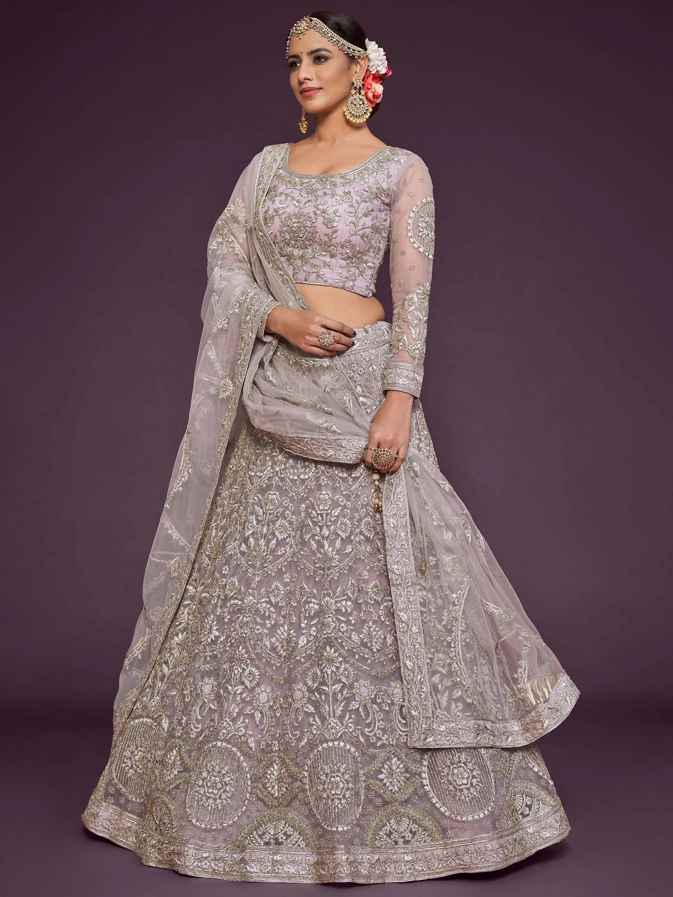 Lavender Muave Dori Work Soft Net Party Wear Lehenga Choli